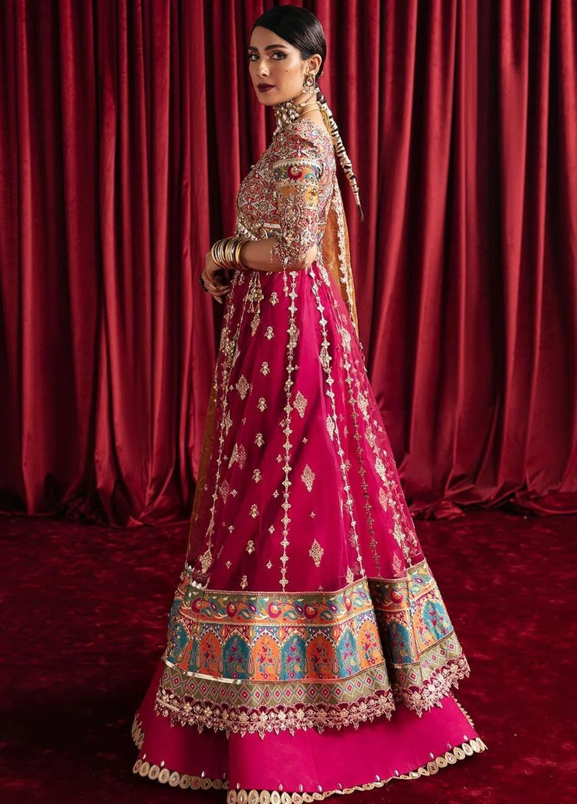 Qalamkar Formal Leela Inspired Embroidered 3 Piece Wedding Outfit - Desi Posh