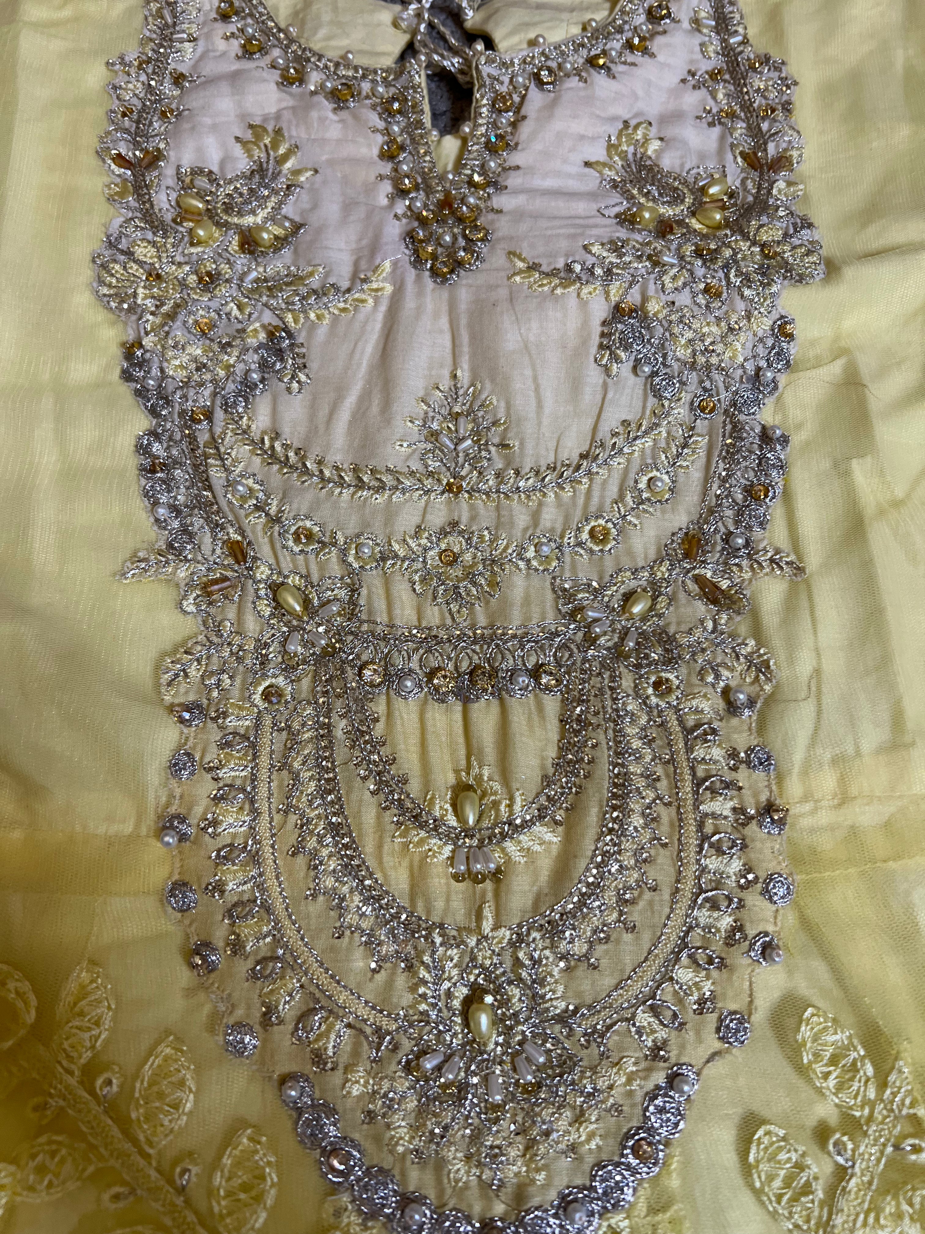Maria B Inspired Embroidered Yellow 3 Piece Dress With Net Dupatta - Desi Posh