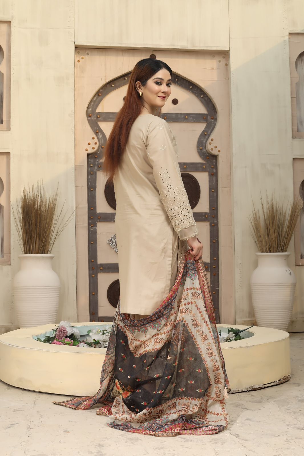 Bin Saeed Light Khaki 3 Piece Chikan Kari Suit with Organza Dupatta - Desi Posh