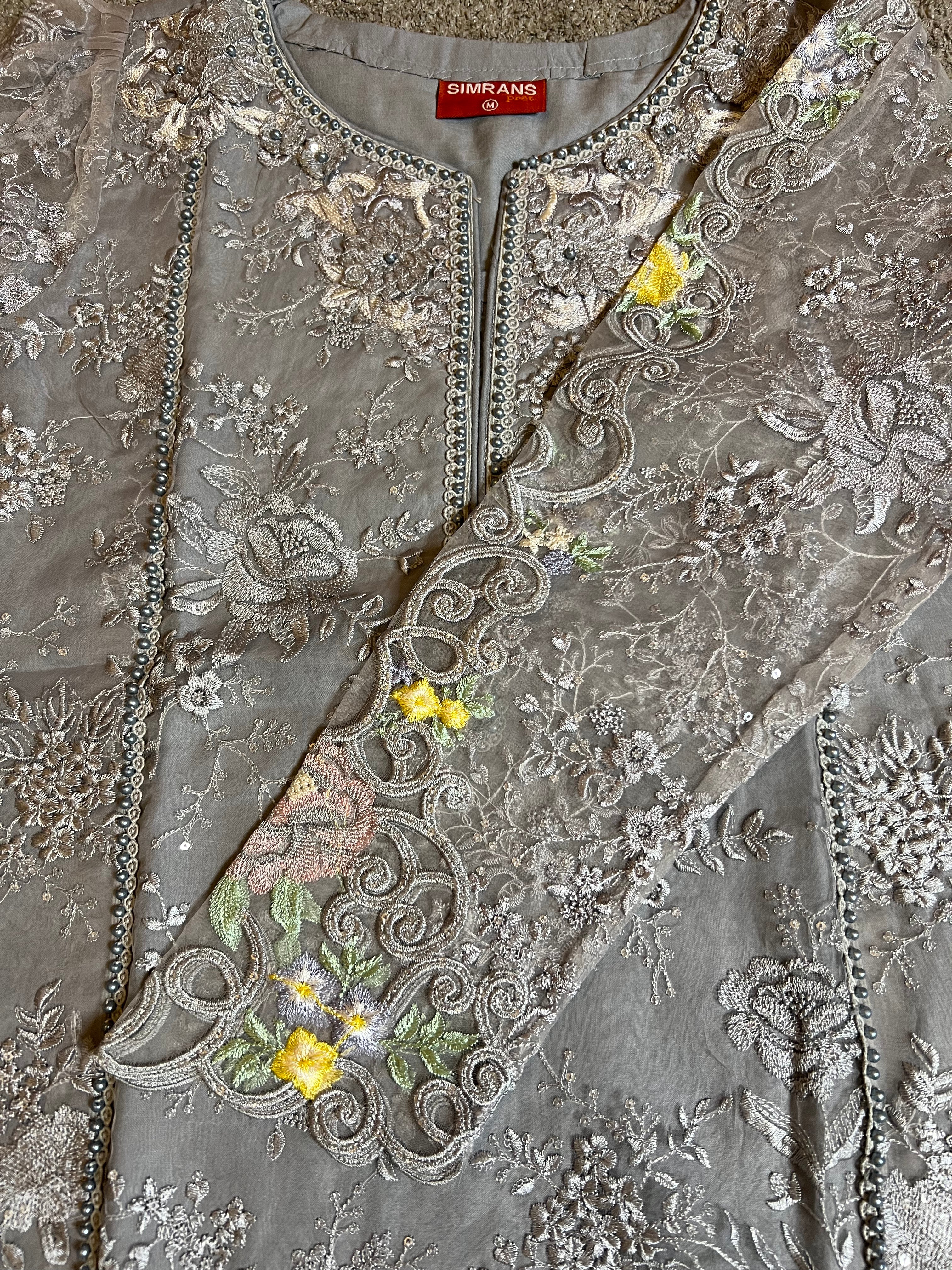 Maria B Inspired Embroidered Grey 3 Piece Outfit With Net Dupatta - Desi Posh