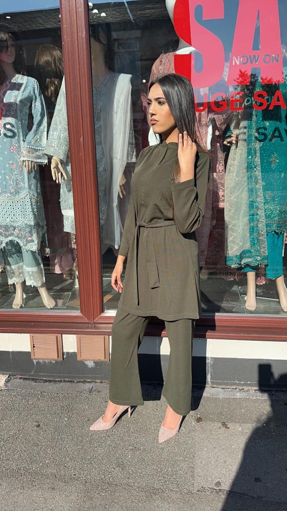 Muskan Ribbed Belted Co ord Set Khaki - Desi Posh