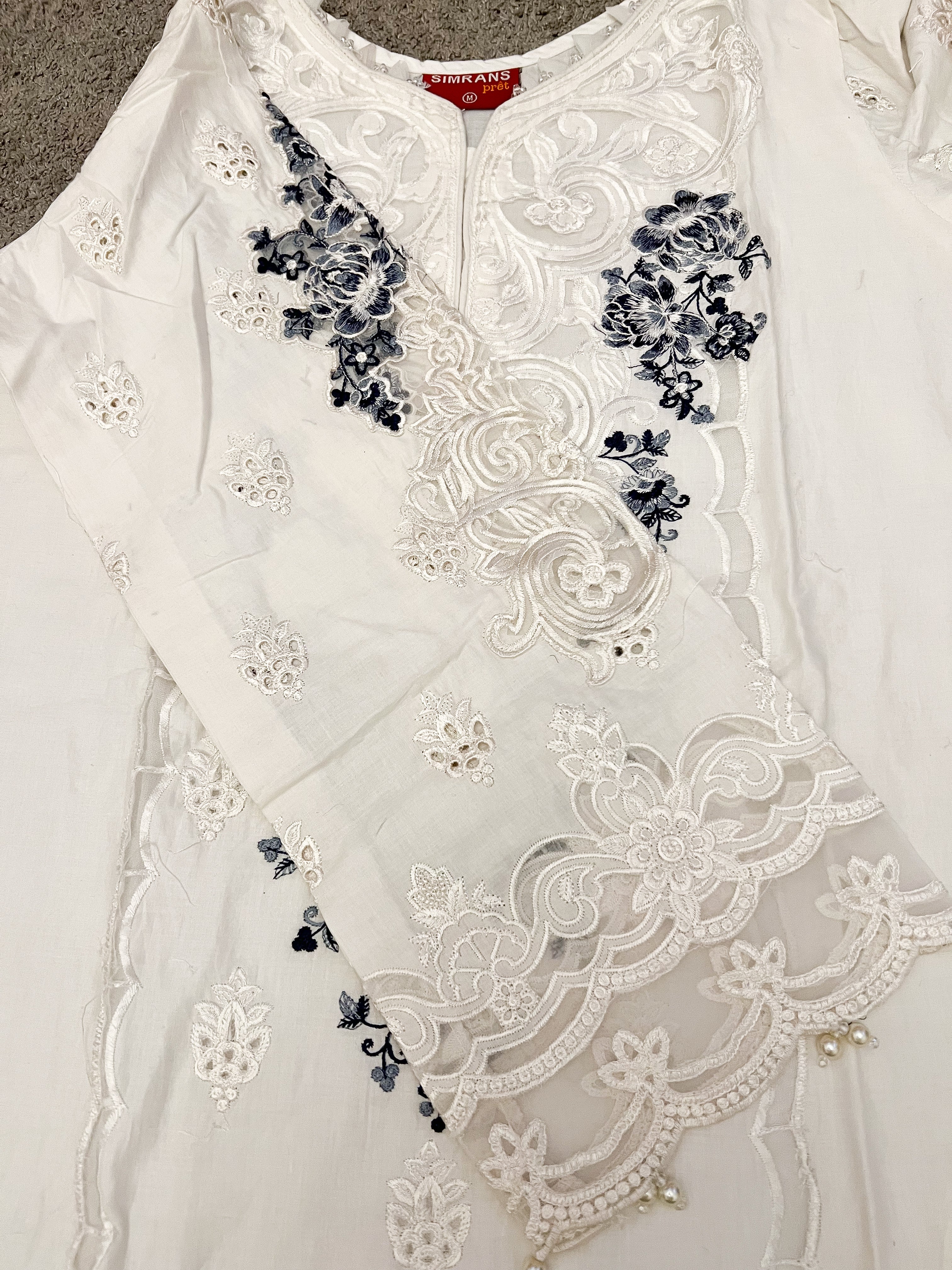 Maria B Inspired Embroidered White 3 Piece Outfit With Net Dupatta - Desi Posh