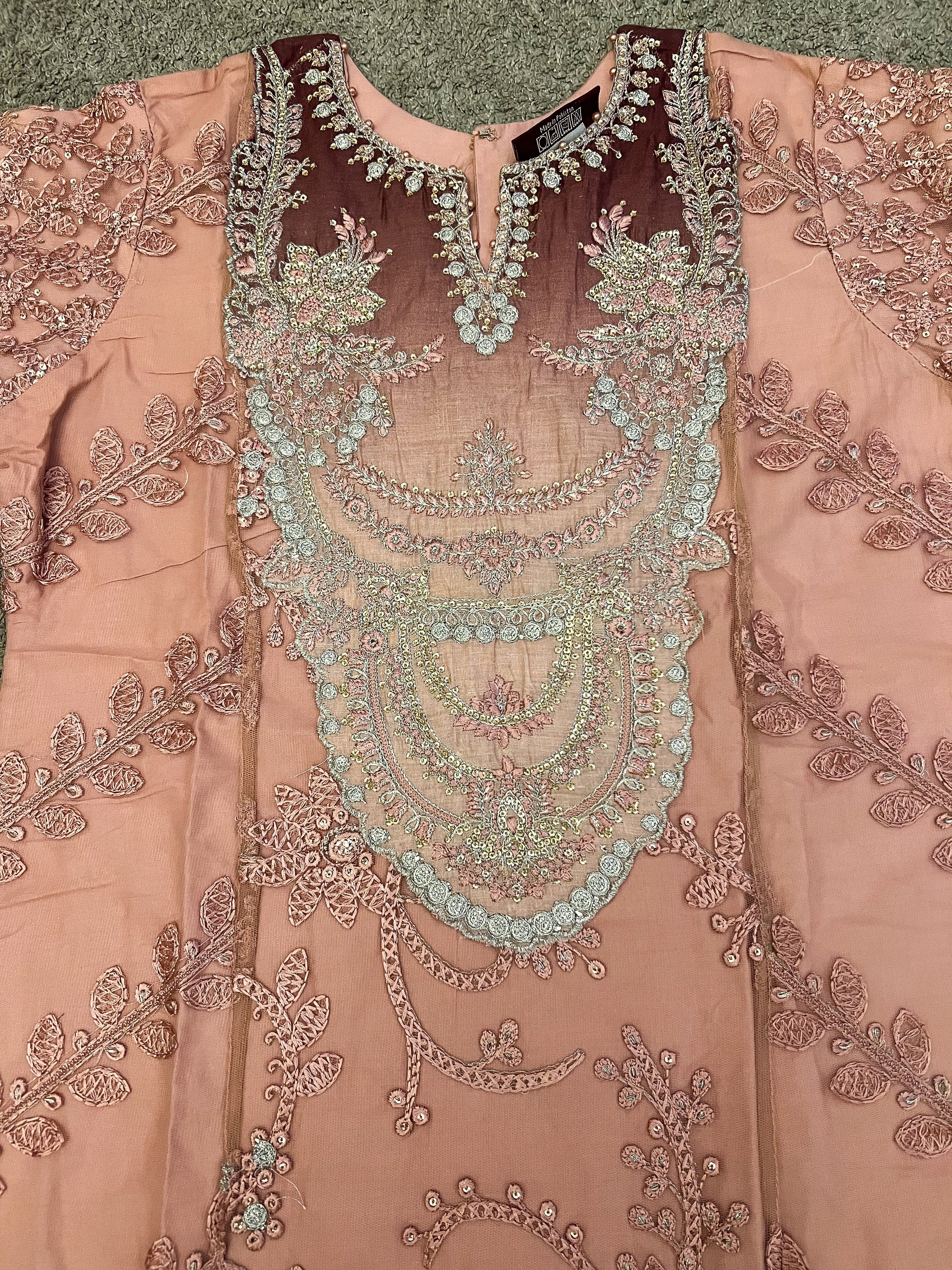 Maria B Inspired Embroidered Dusty Pink 3 Piece Outfit With Net Dupatta - Desi Posh