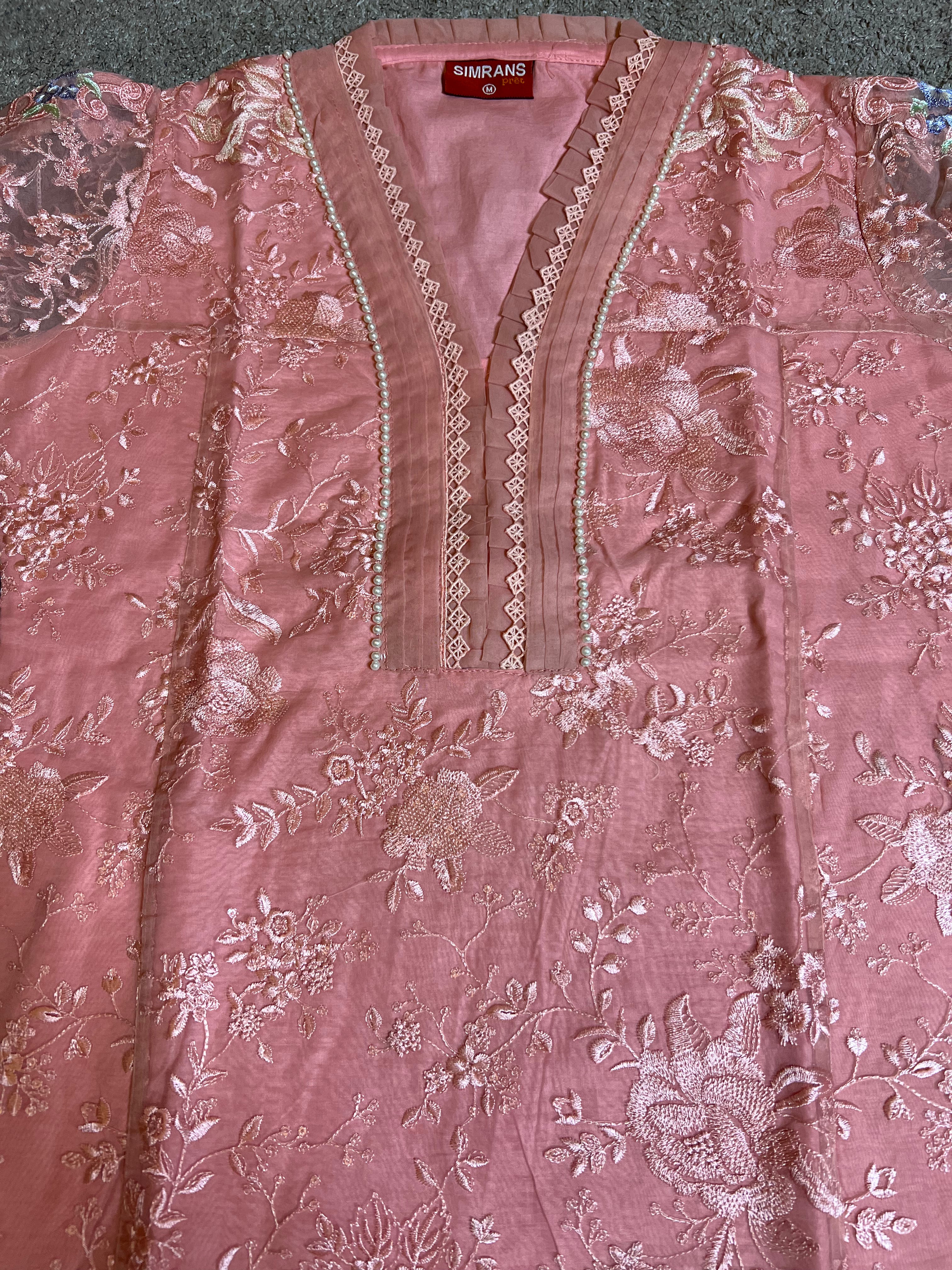Maria B Inspired Embroidered Pink 3 Piece Outfit With Net Dupatta - Desi Posh