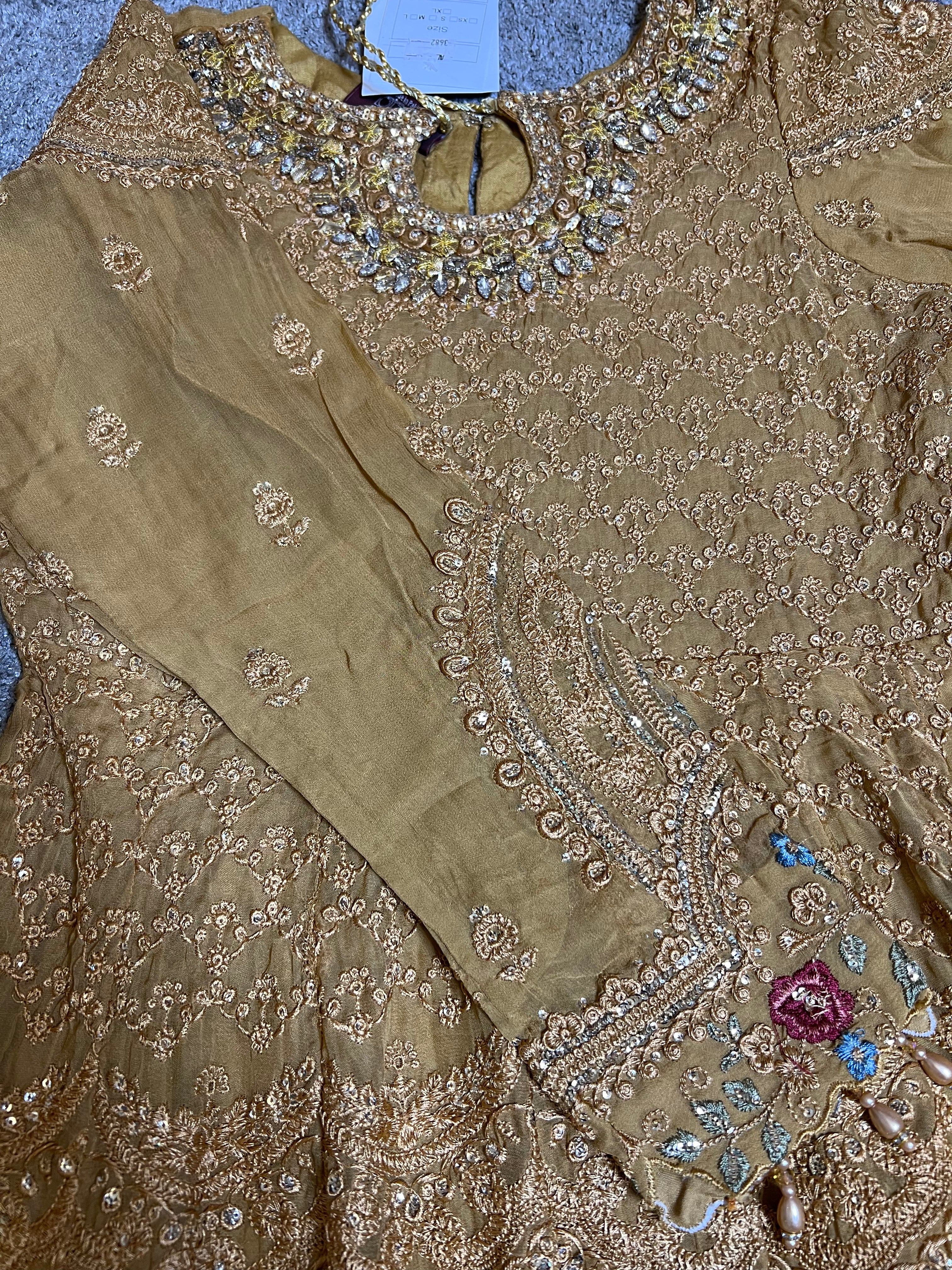Maria B Inspired Mbroidered Mustard Chiffon 3 Piece Wedding Outfit - Desi Posh