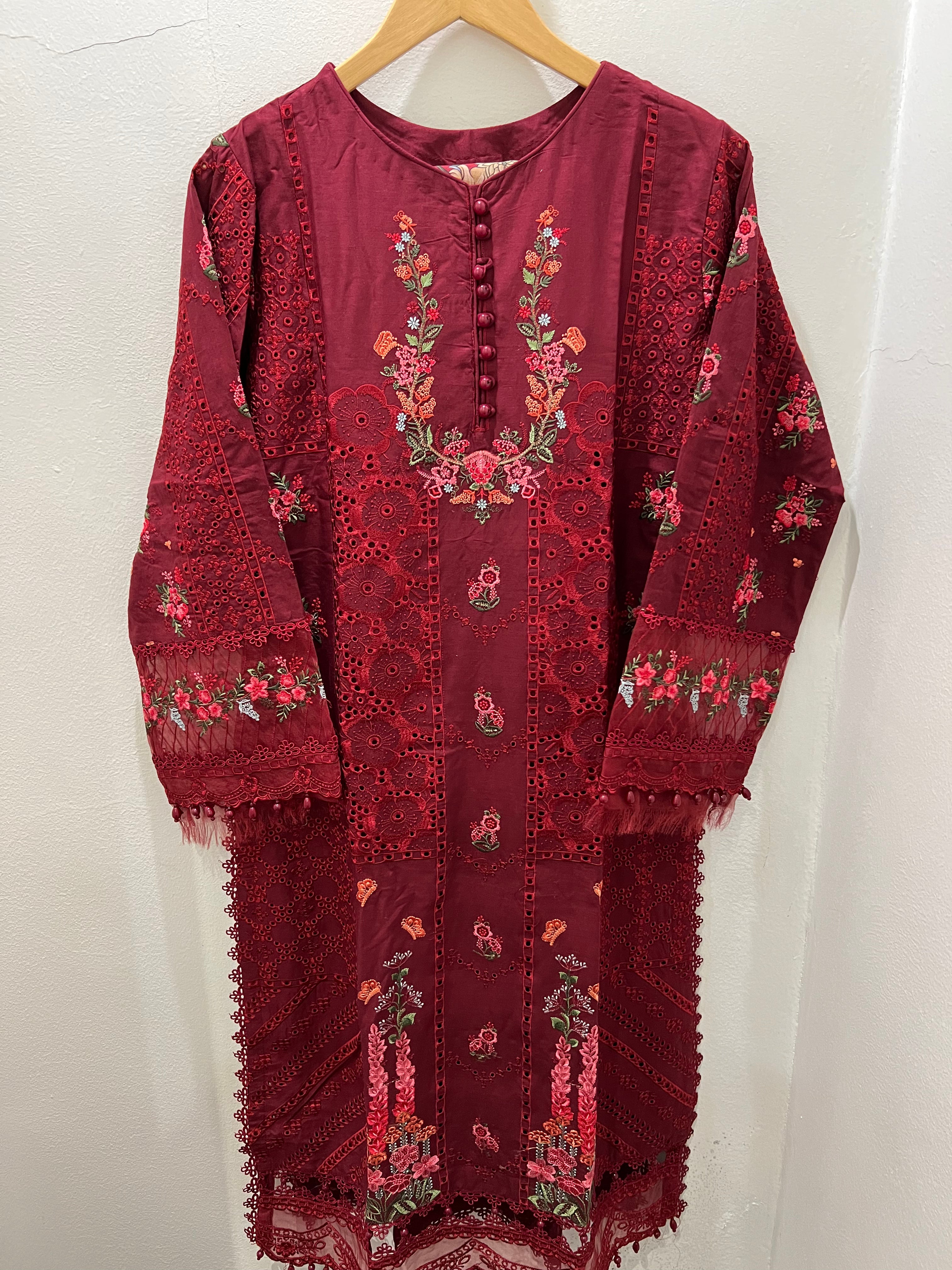 Maria B Inspired Embroidered Maroon Lawn 3 Piece Outfit - Desi Posh