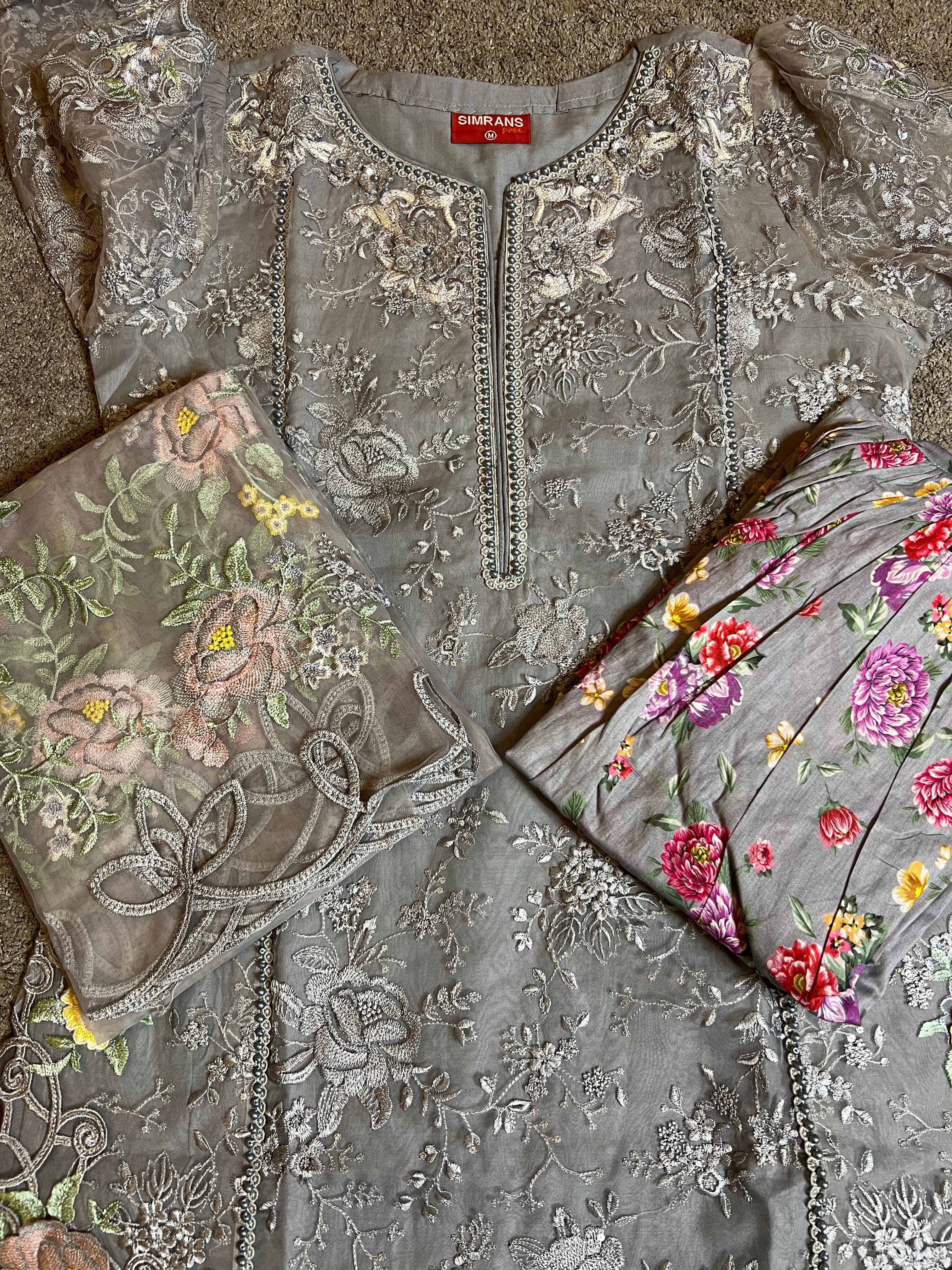 Maria B Inspired Embroidered Grey 3 Piece Outfit With Net Dupatta - Desi Posh