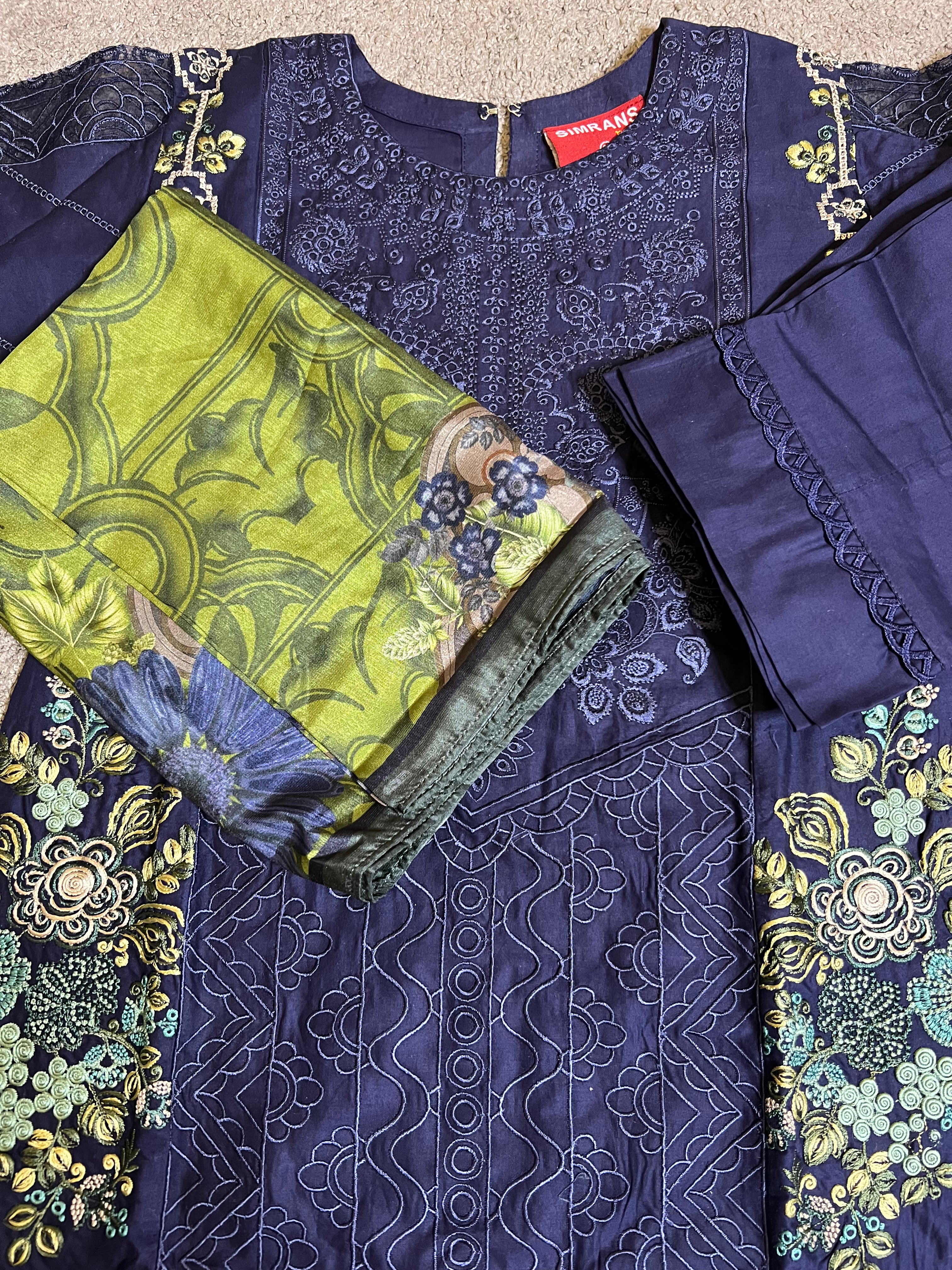 Maria B Inspired Kids Embroidered Navy 3 Piece Outfit With Silk Dupatta - Desi Posh