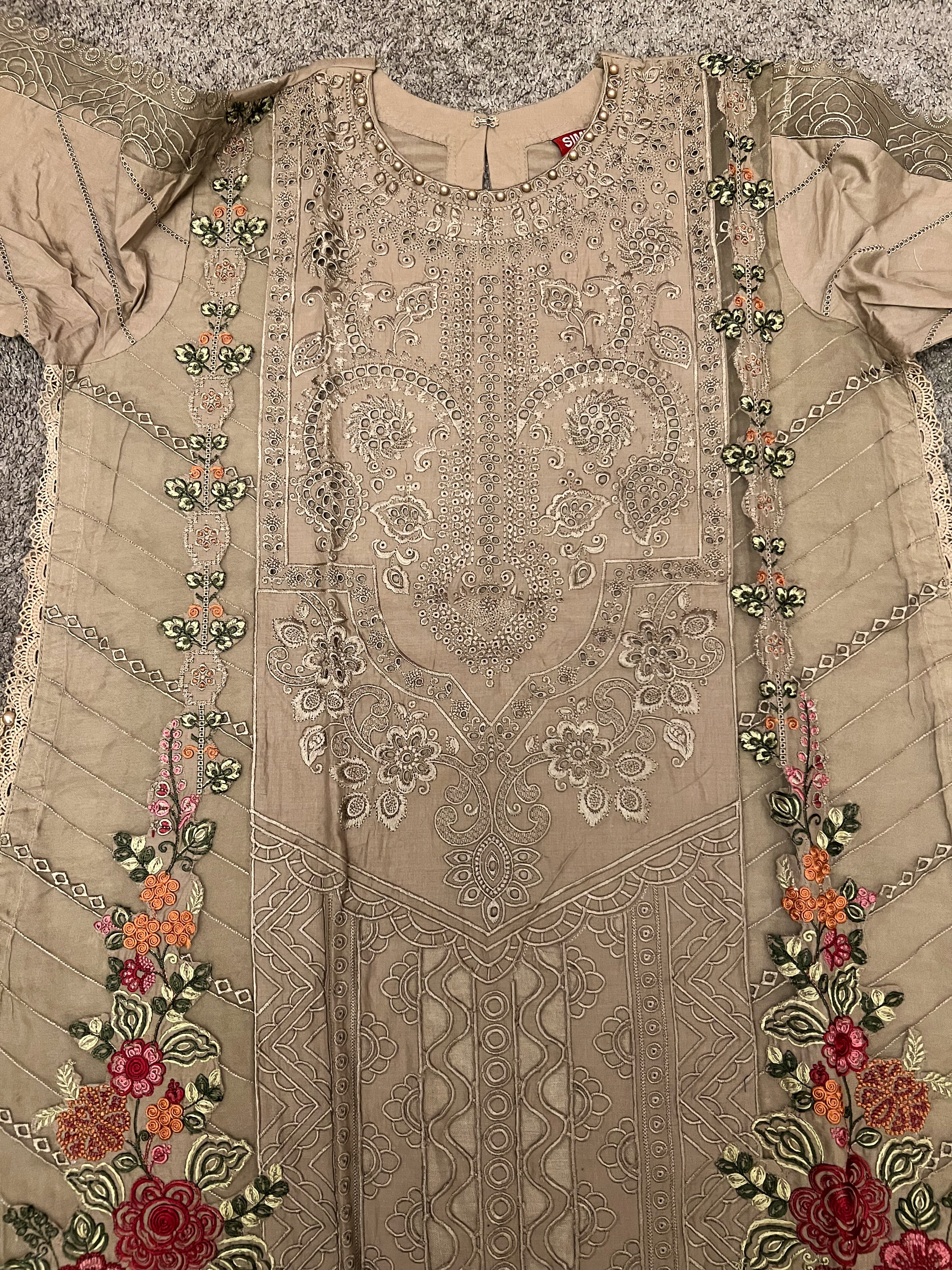 Maria B Inspired Embroidered Light Khaki Lawn Outfit With Full Sleeves - Desi Posh