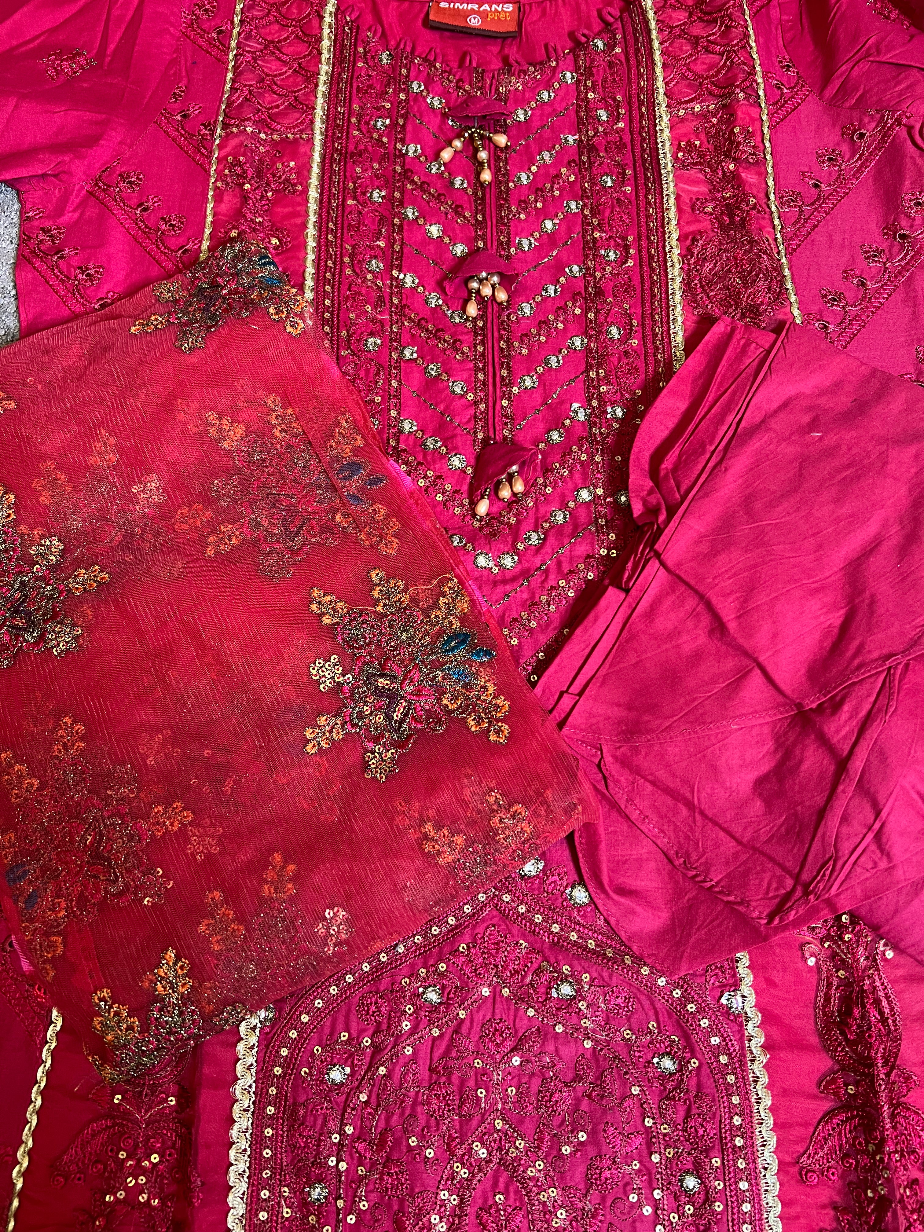 Maria B Inspired Embroidered Crimson 3 Piece Outfit With Net Dupatta - Desi Posh