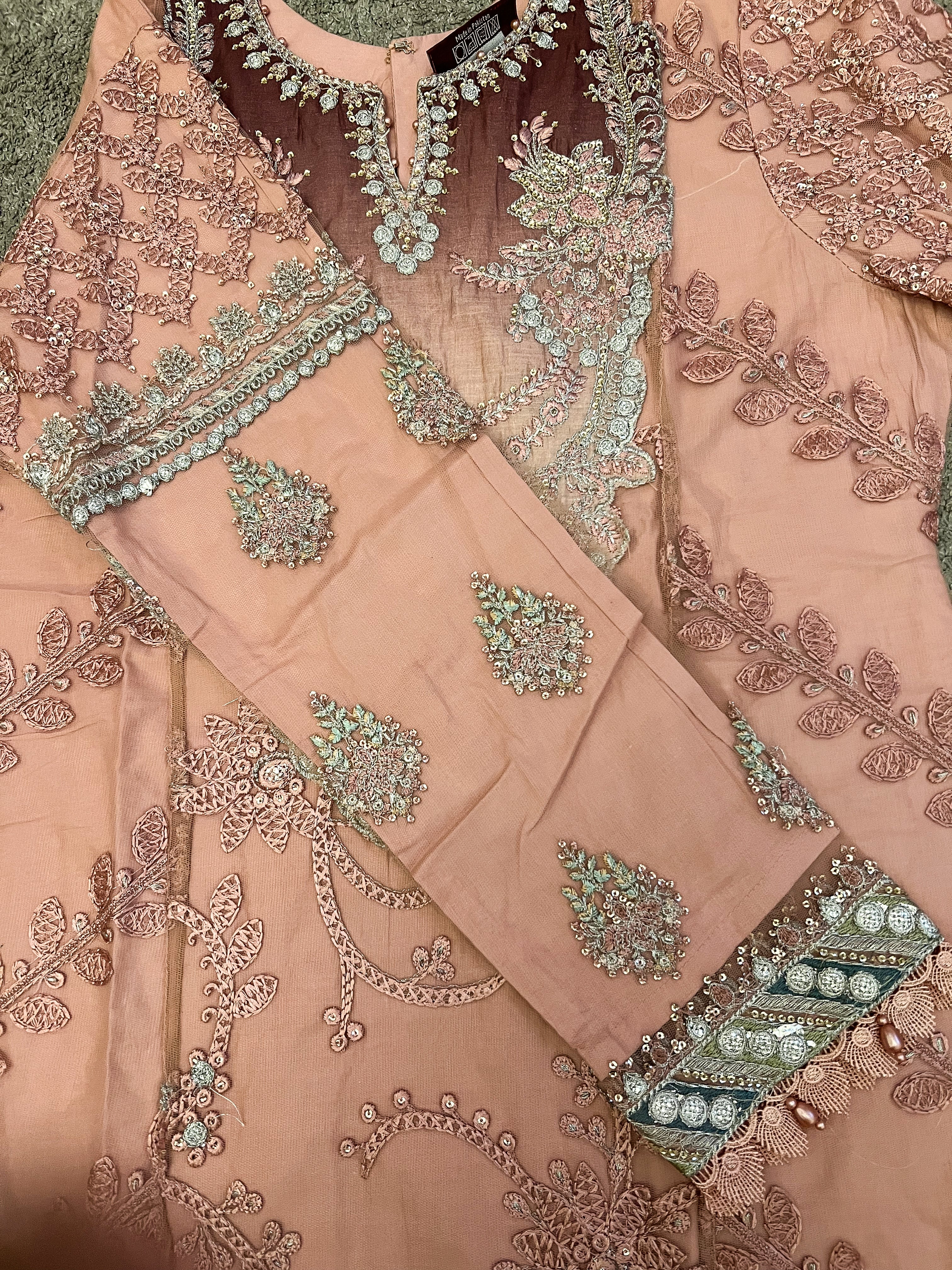 Maria B Inspired Embroidered Dusty Pink 3 Piece Outfit With Net Dupatta - Desi Posh