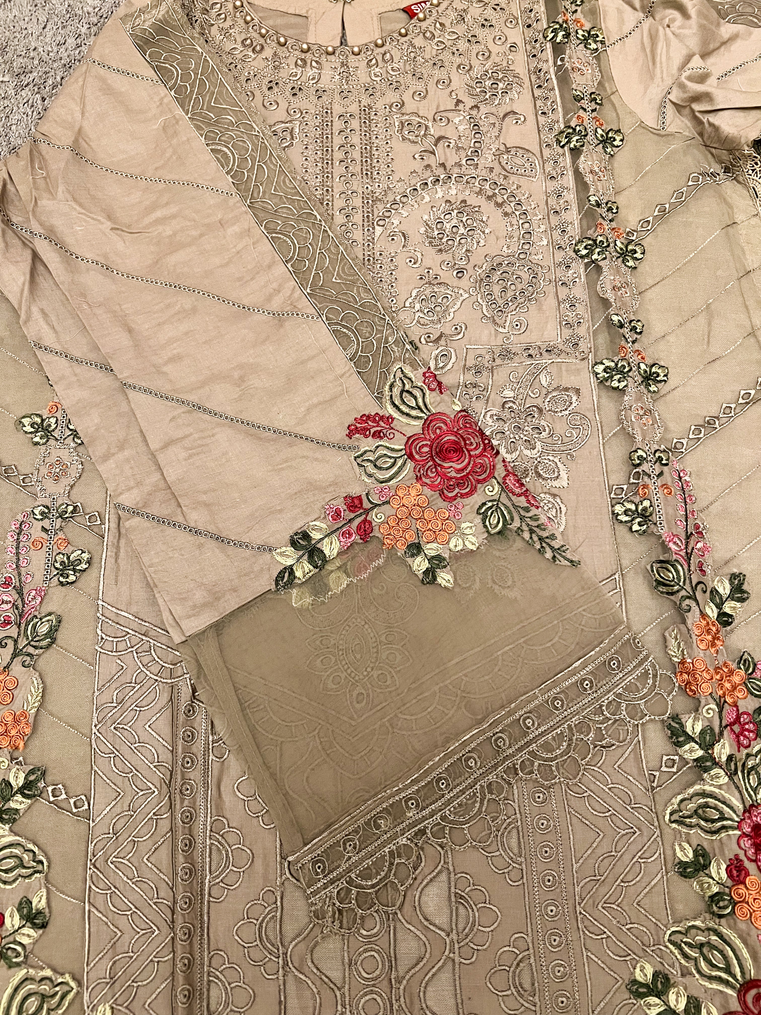 Maria B Inspired Embroidered Light Khaki Lawn Outfit With Full Sleeves - Desi Posh