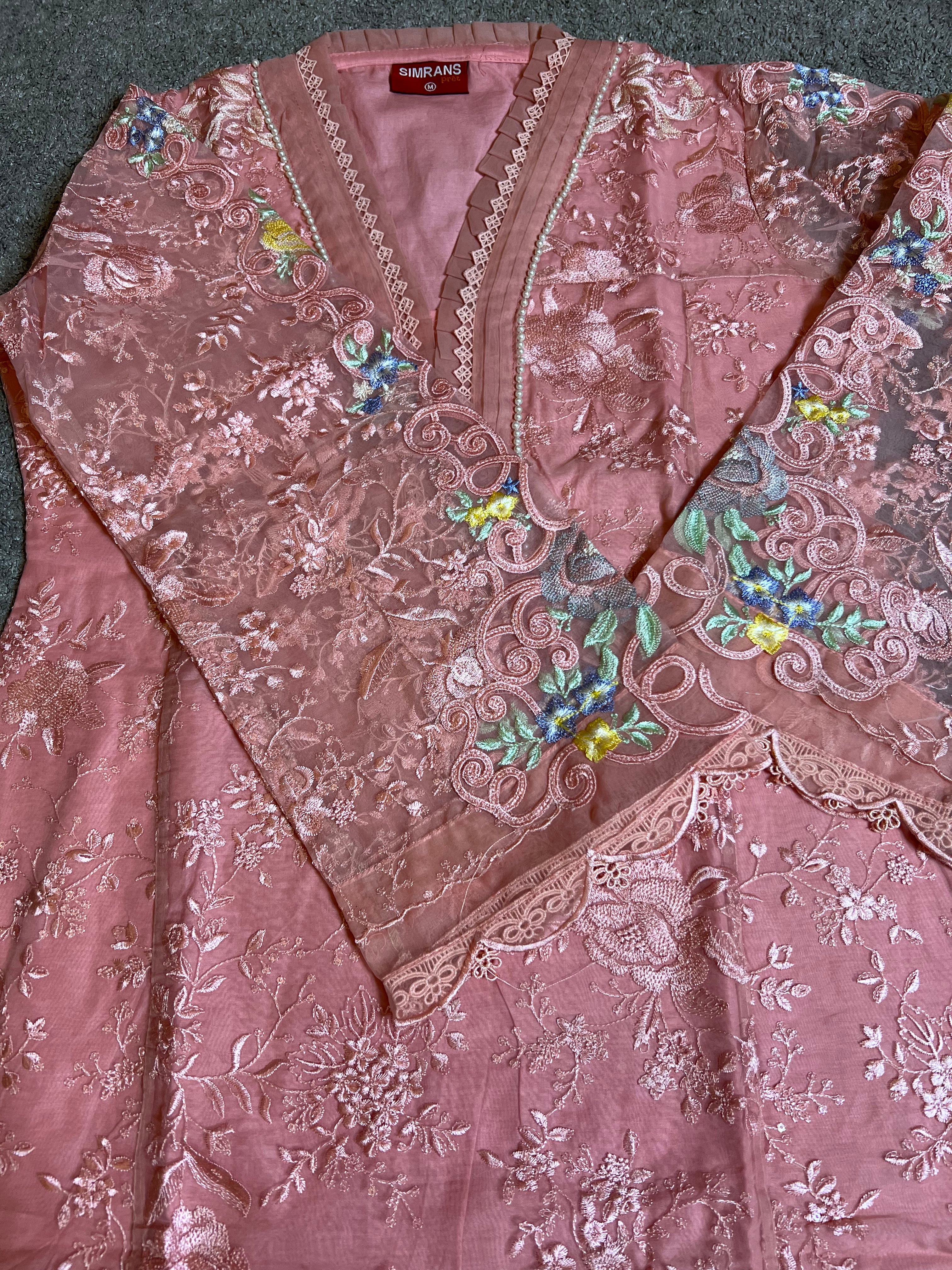 Maria B Inspired Embroidered Pink 3 Piece Outfit With Net Dupatta - Desi Posh