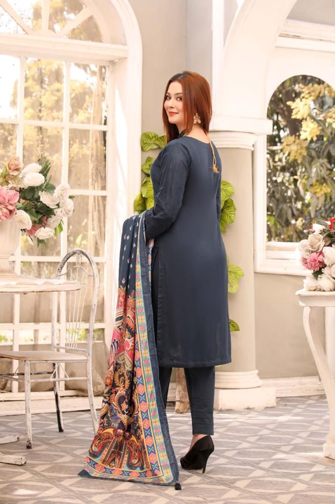 Bin Saeed Navy 3 Piece Chikan Kari Lawn Suit with Organza Dupatta - Desi Posh