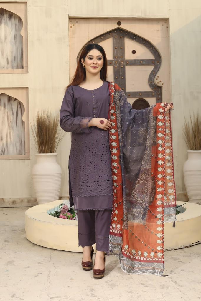 Bin Saeed Plum 3 Piece Chikan Kari Lawn Suit with Organza Dupatta - Desi Posh