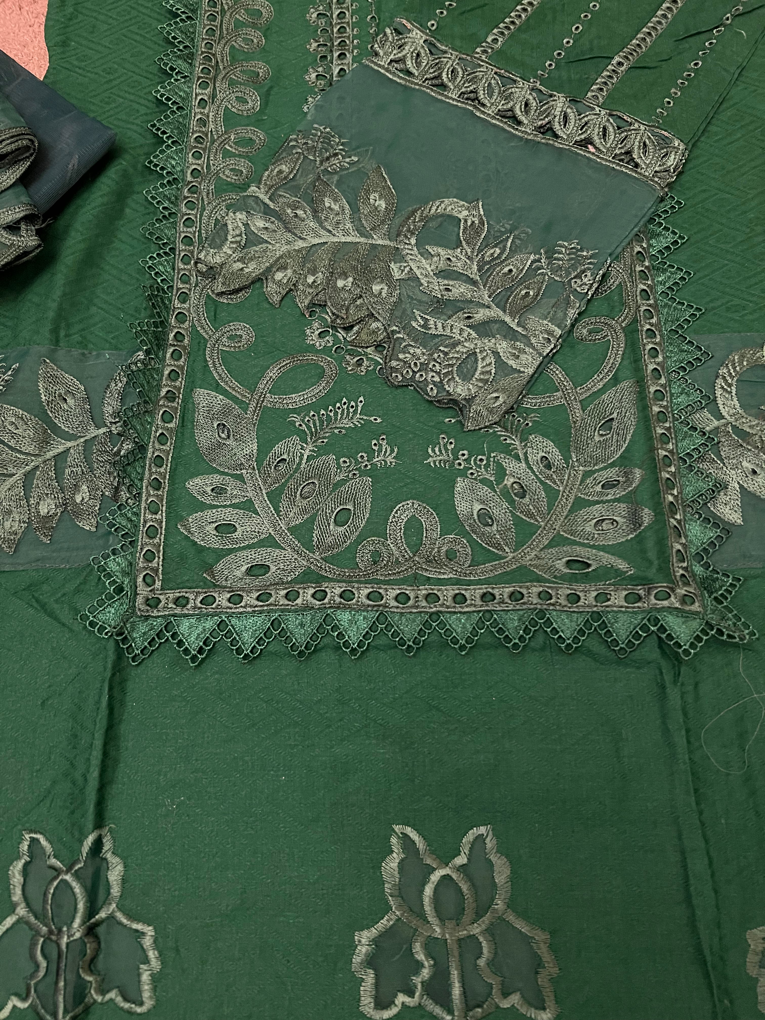 Maria B Inspired Embroidered Lawn Green 3 Piece Outfit With Net Dupatta - Desi Posh