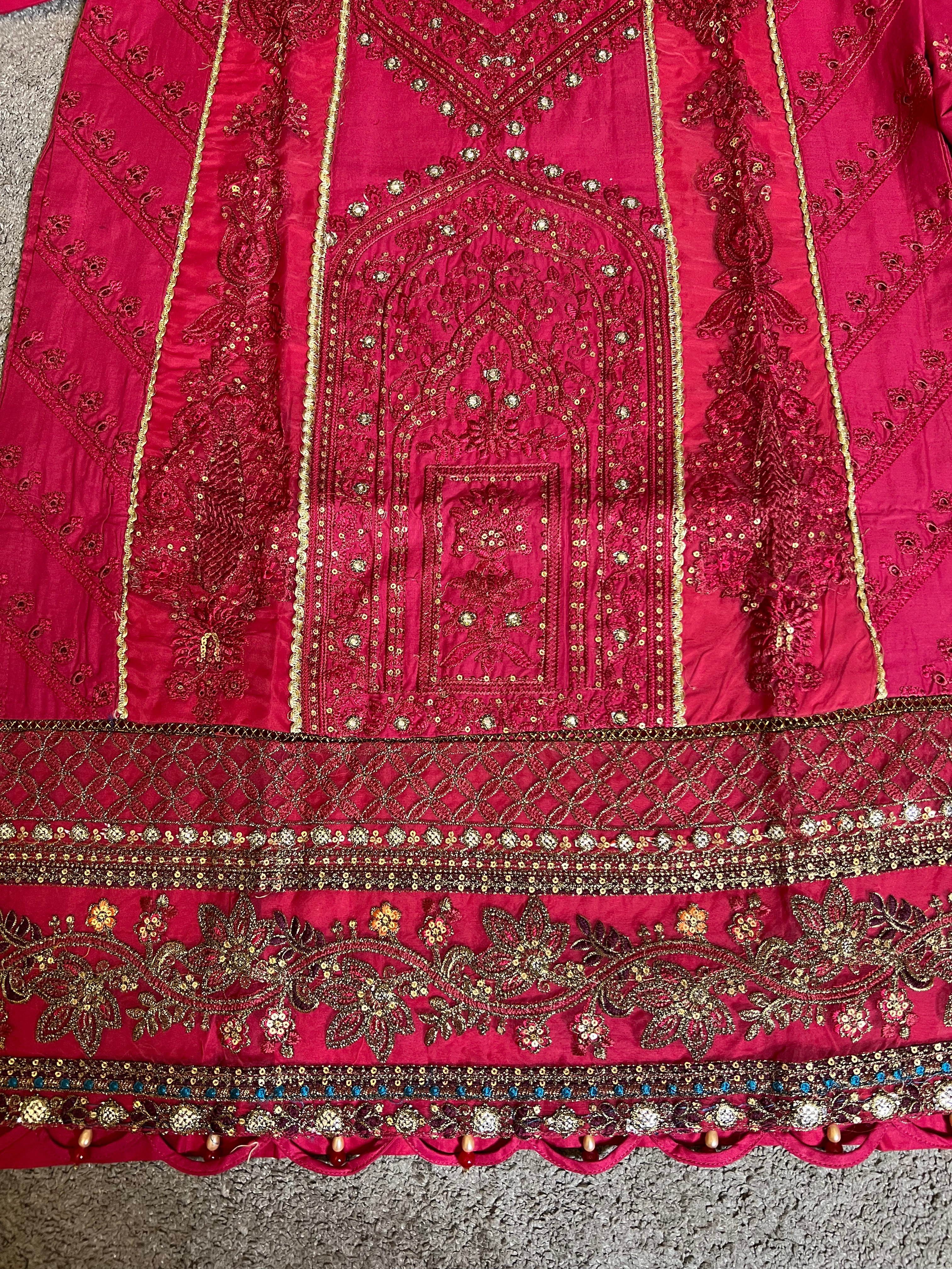 Maria B Inspired Embroidered Crimson 3 Piece Outfit With Net Dupatta - Desi Posh