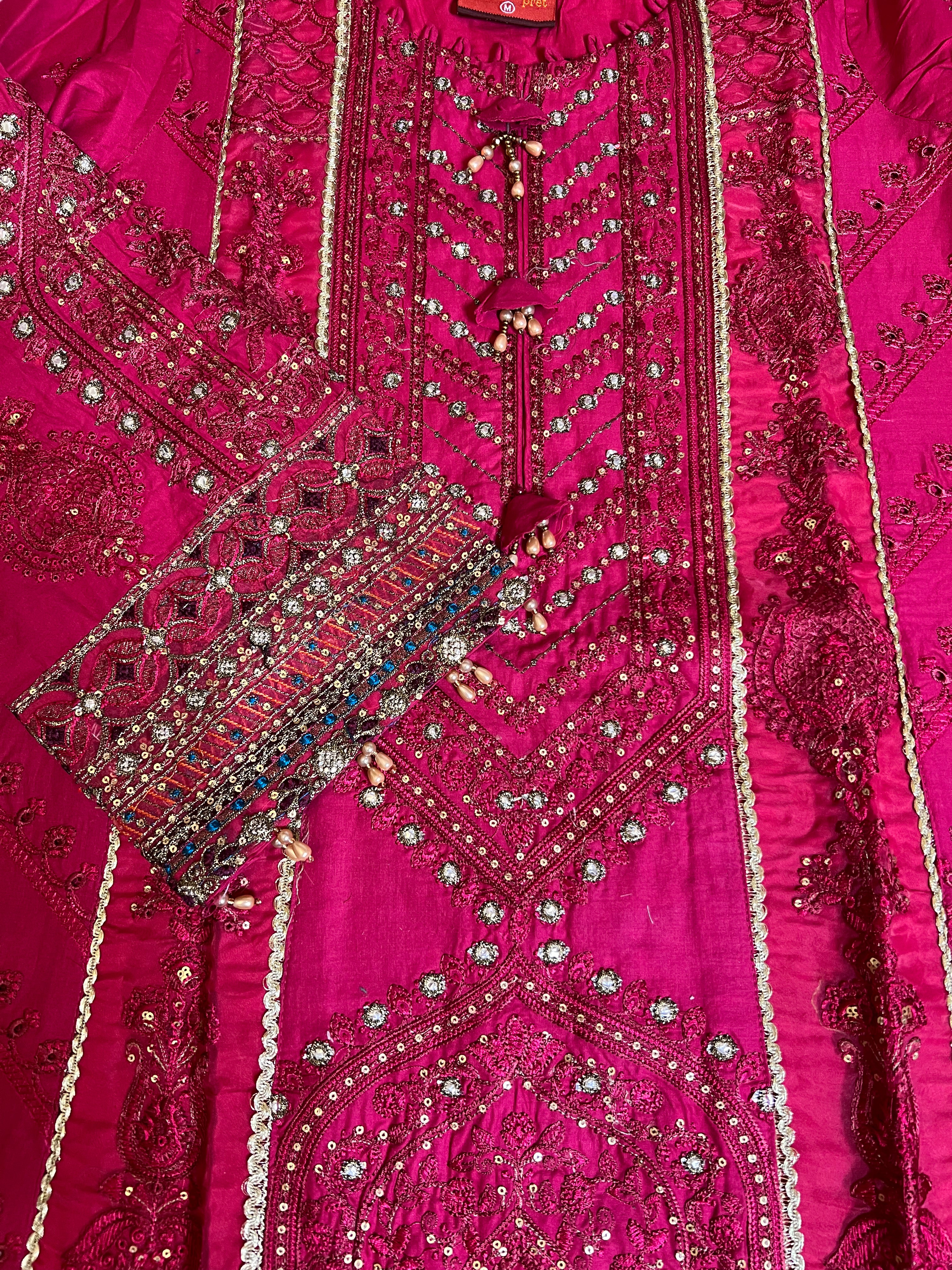 Maria B Inspired Embroidered Crimson 3 Piece Outfit With Net Dupatta - Desi Posh