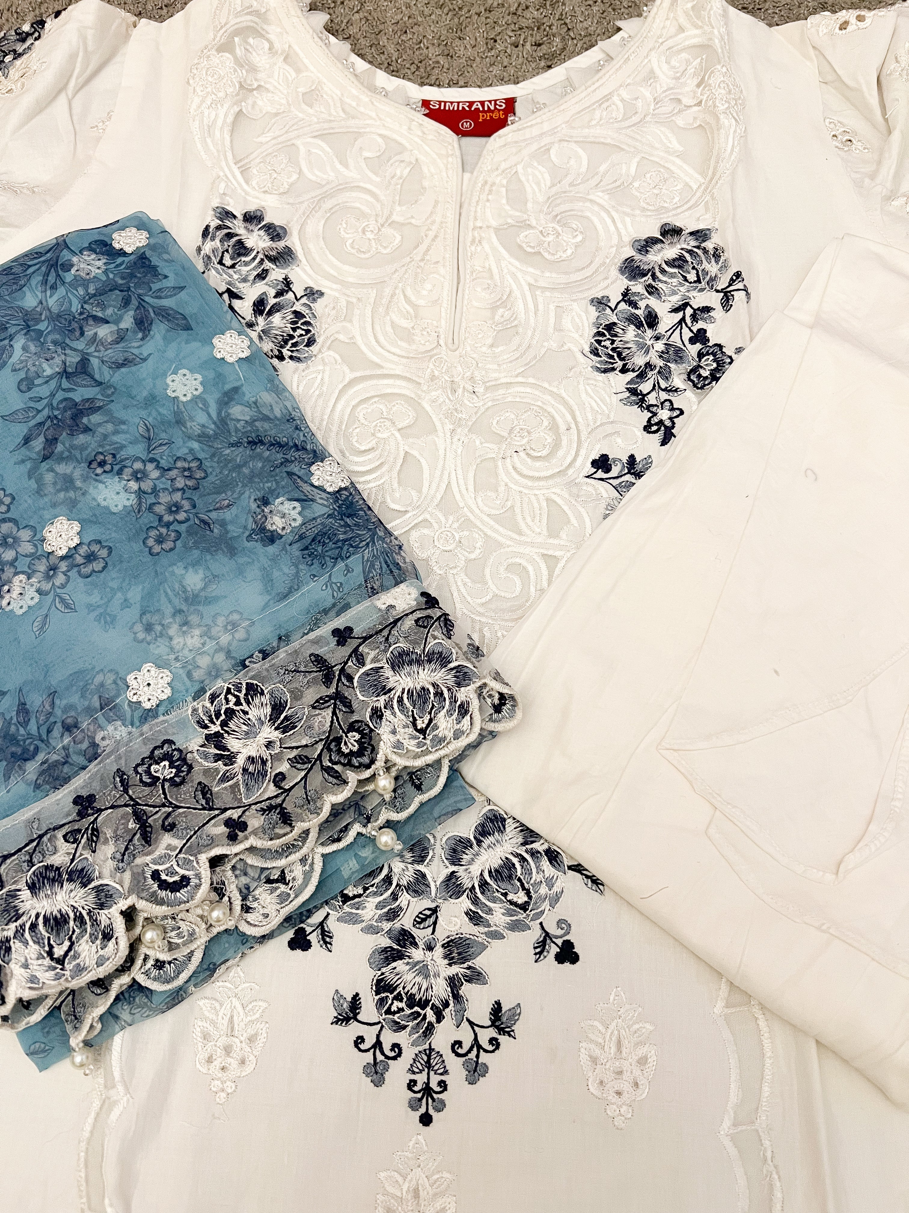 Maria B Inspired Embroidered White 3 Piece Outfit With Net Dupatta - Desi Posh