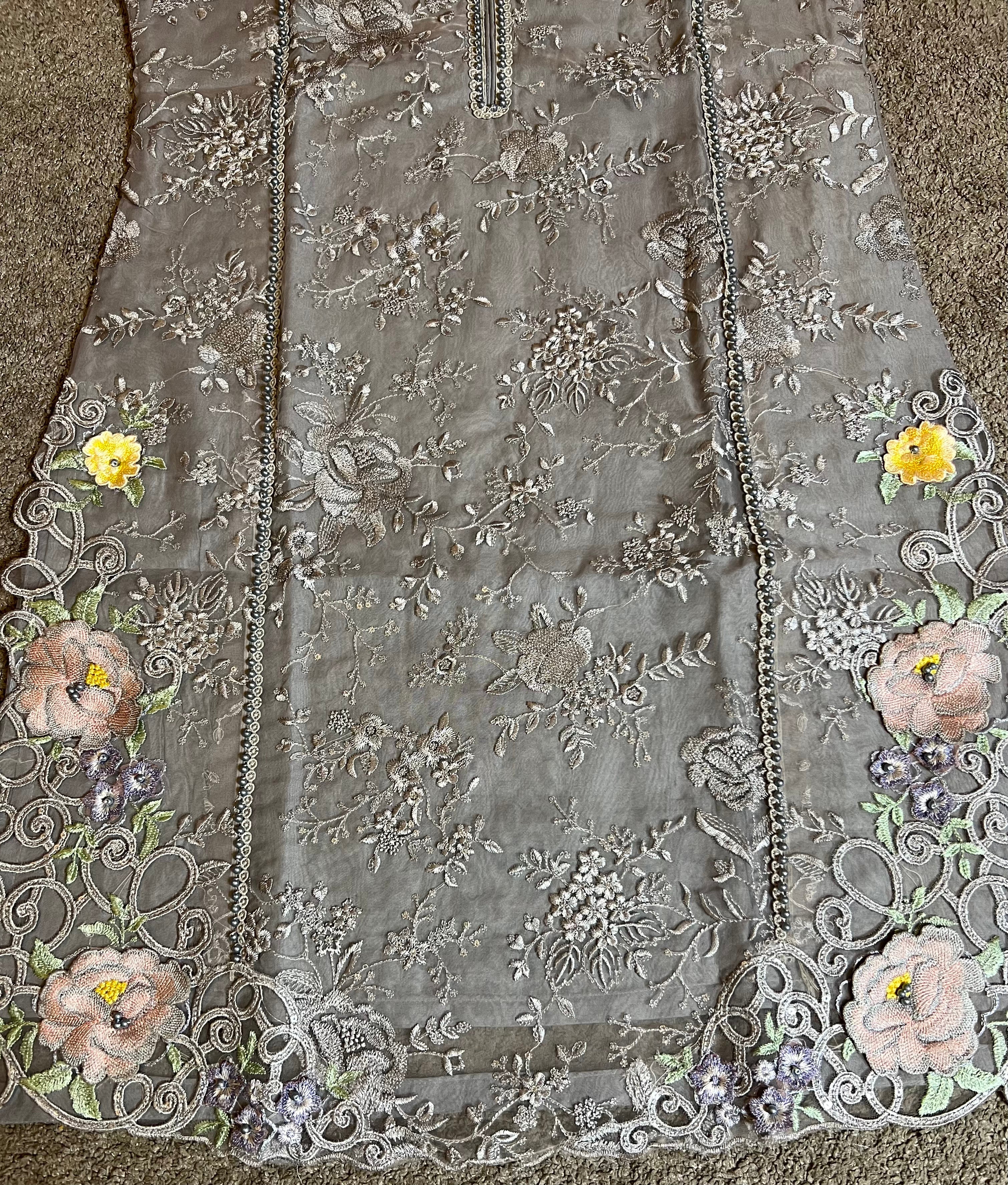 Maria B Inspired Embroidered Grey 3 Piece Outfit With Net Dupatta - Desi Posh