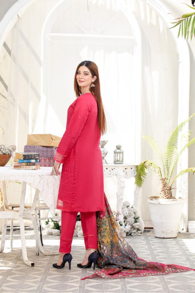 Bin Saeed Red 3 Piece Chikan Kari Suit with Organza Dupatta - Desi Posh