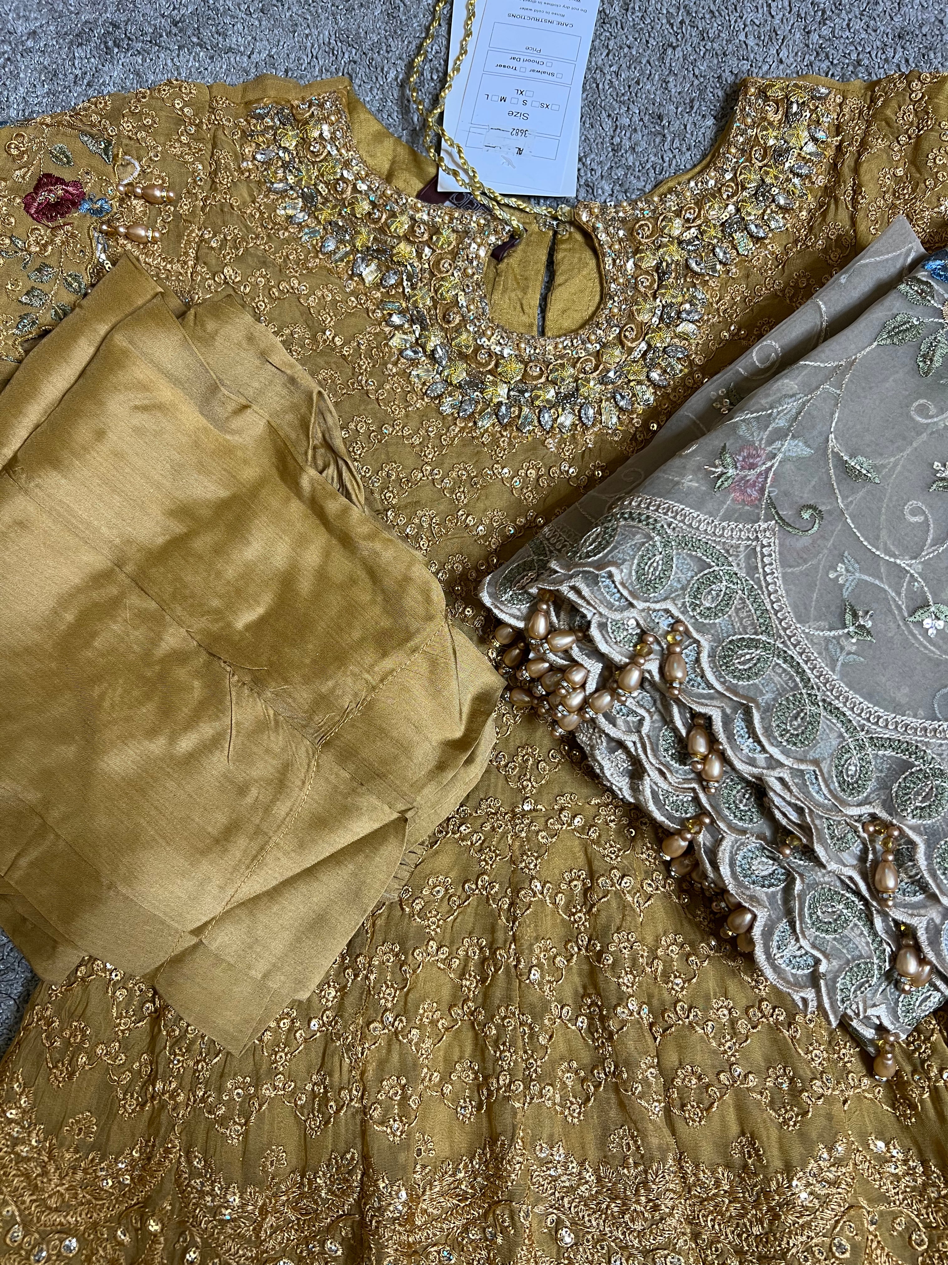 Maria B Inspired Mbroidered Mustard Chiffon 3 Piece Wedding Outfit - Desi Posh