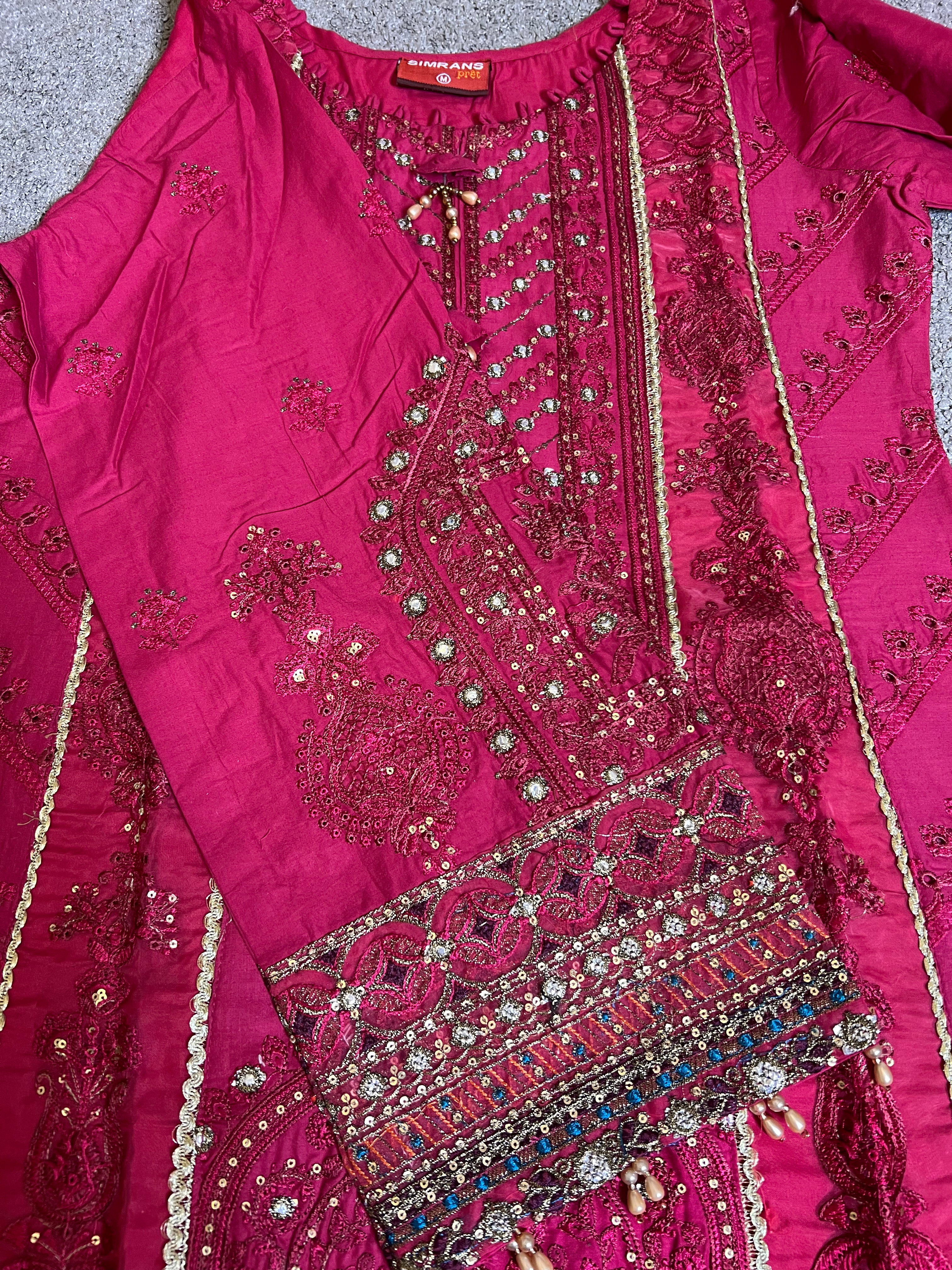 Maria B Inspired Embroidered Crimson 3 Piece Outfit With Net Dupatta - Desi Posh