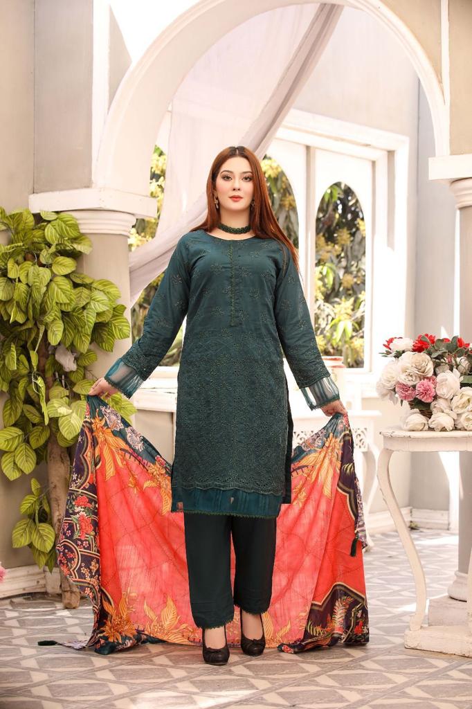 Bin Saeed Green 3 Piece Chikan Kari Lawn Suit with Organza Dupatta - Desi Posh