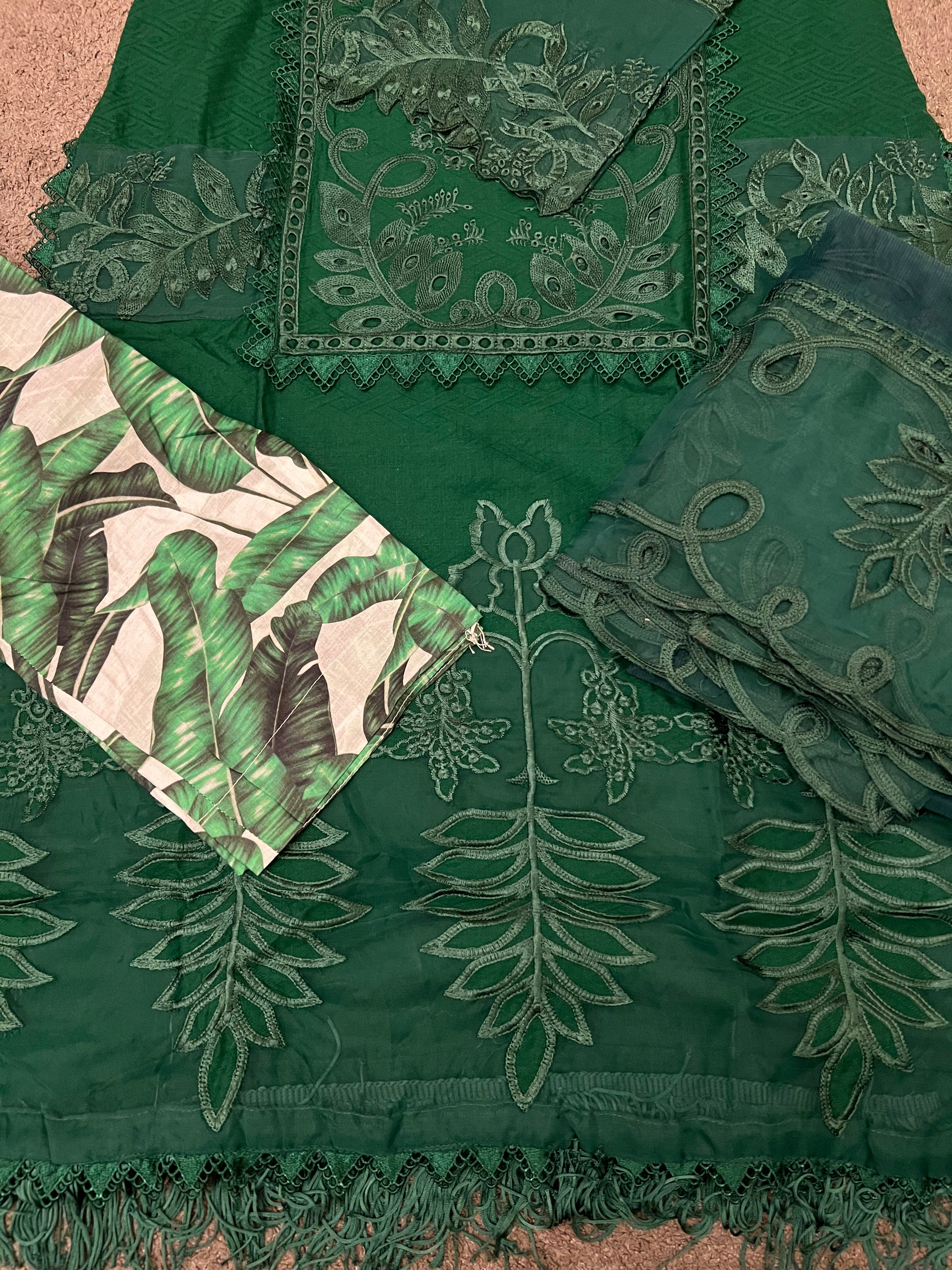 Maria B Inspired Embroidered Lawn Green 3 Piece Outfit With Net Dupatta - Desi Posh