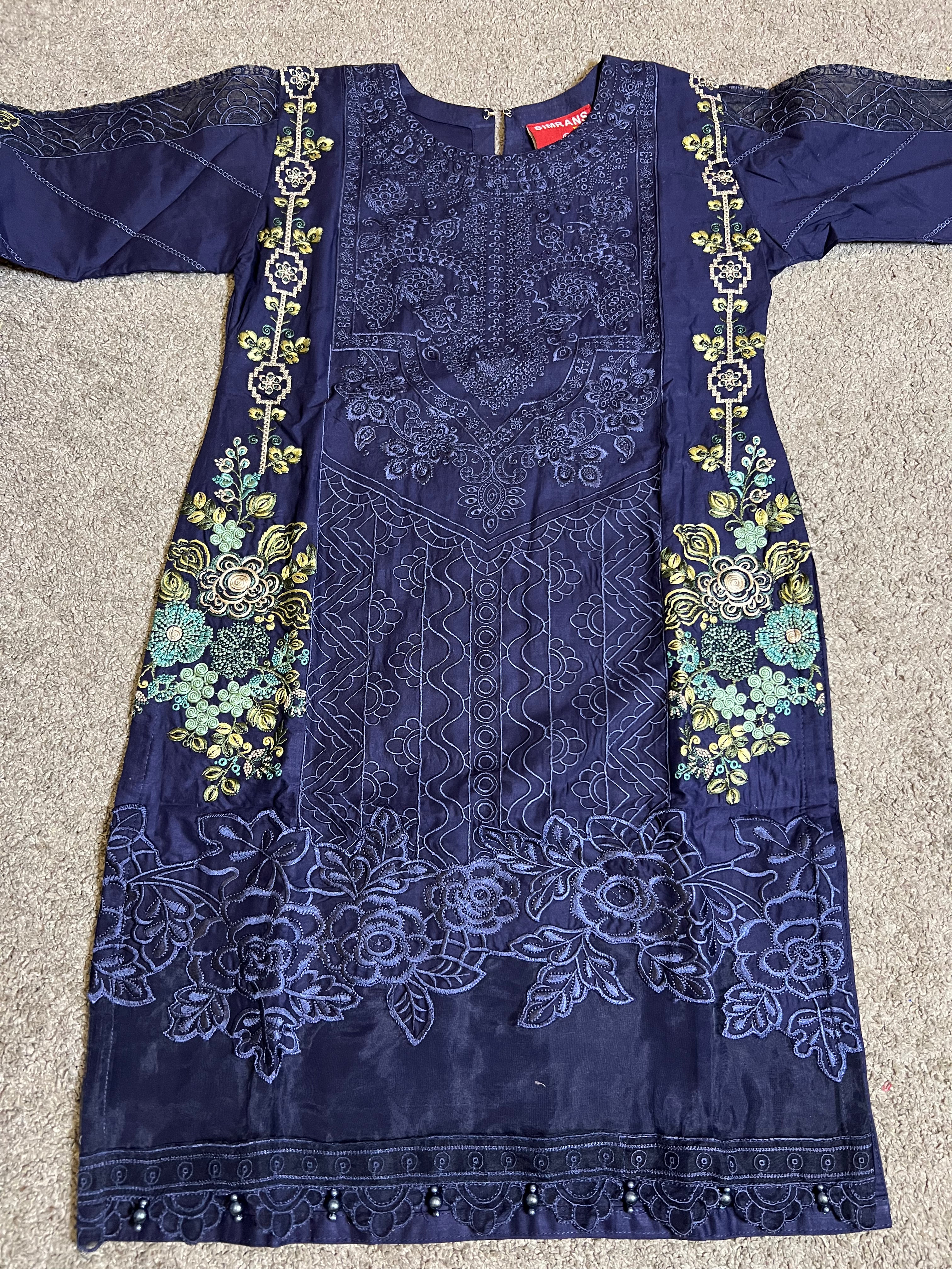 Maria B Inspired Kids Embroidered Navy 3 Piece Outfit With Silk Dupatta - Desi Posh
