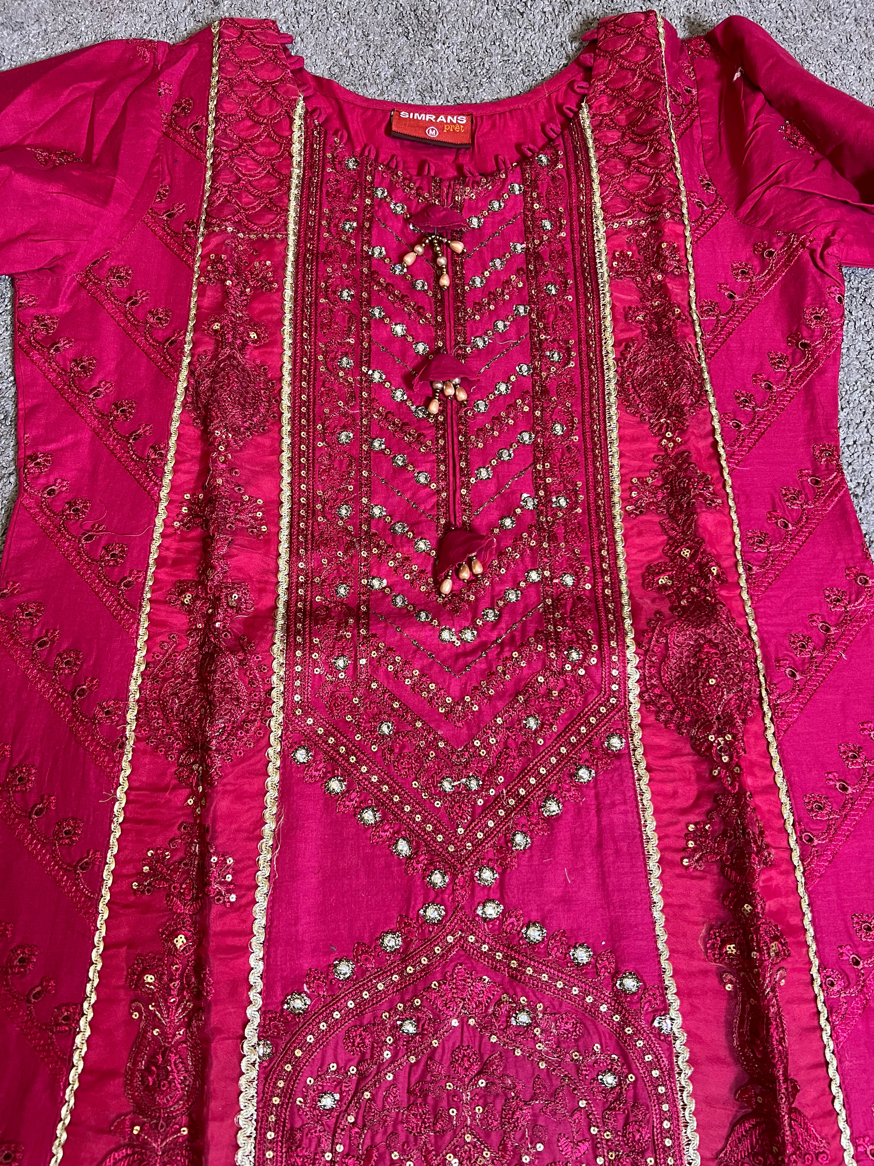 Maria B Inspired Embroidered Crimson 3 Piece Outfit With Net Dupatta - Desi Posh