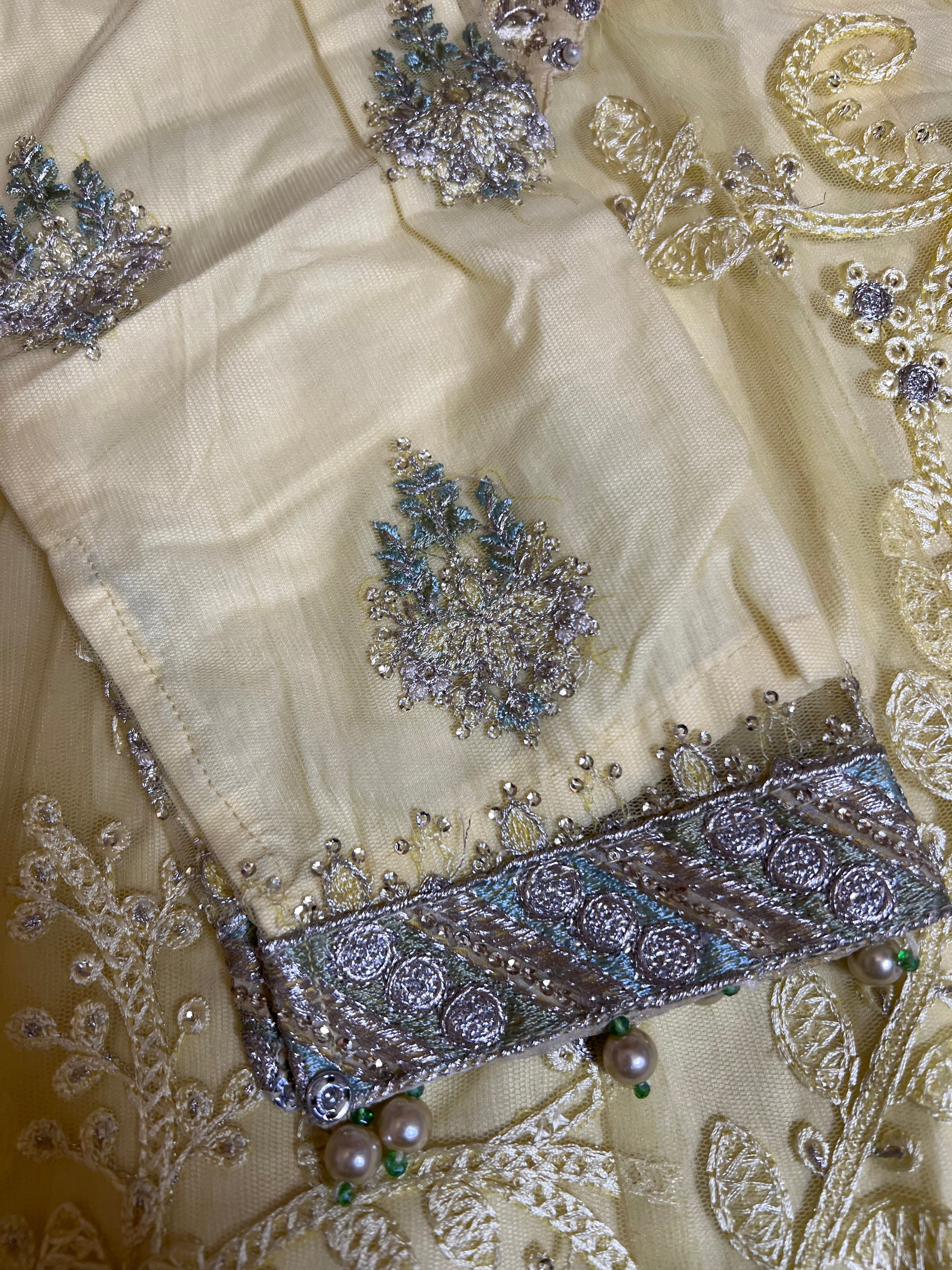 Maria B Inspired Embroidered Yellow 3 Piece Dress With Net Dupatta - Desi Posh