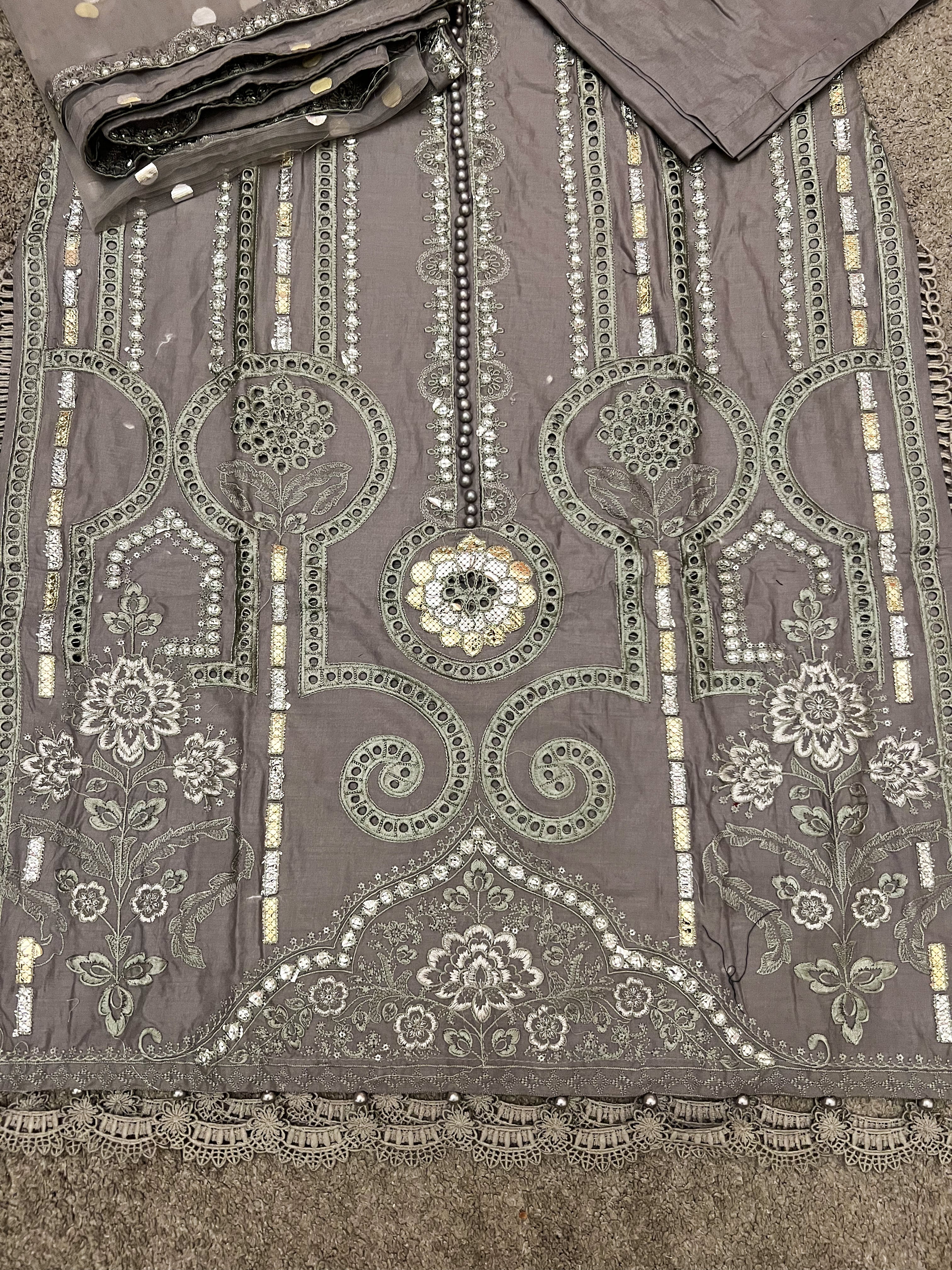 Maria B Inspired Embroidered Grey 3 Piece Lawn Outfit With Net Dupatta - Desi Posh