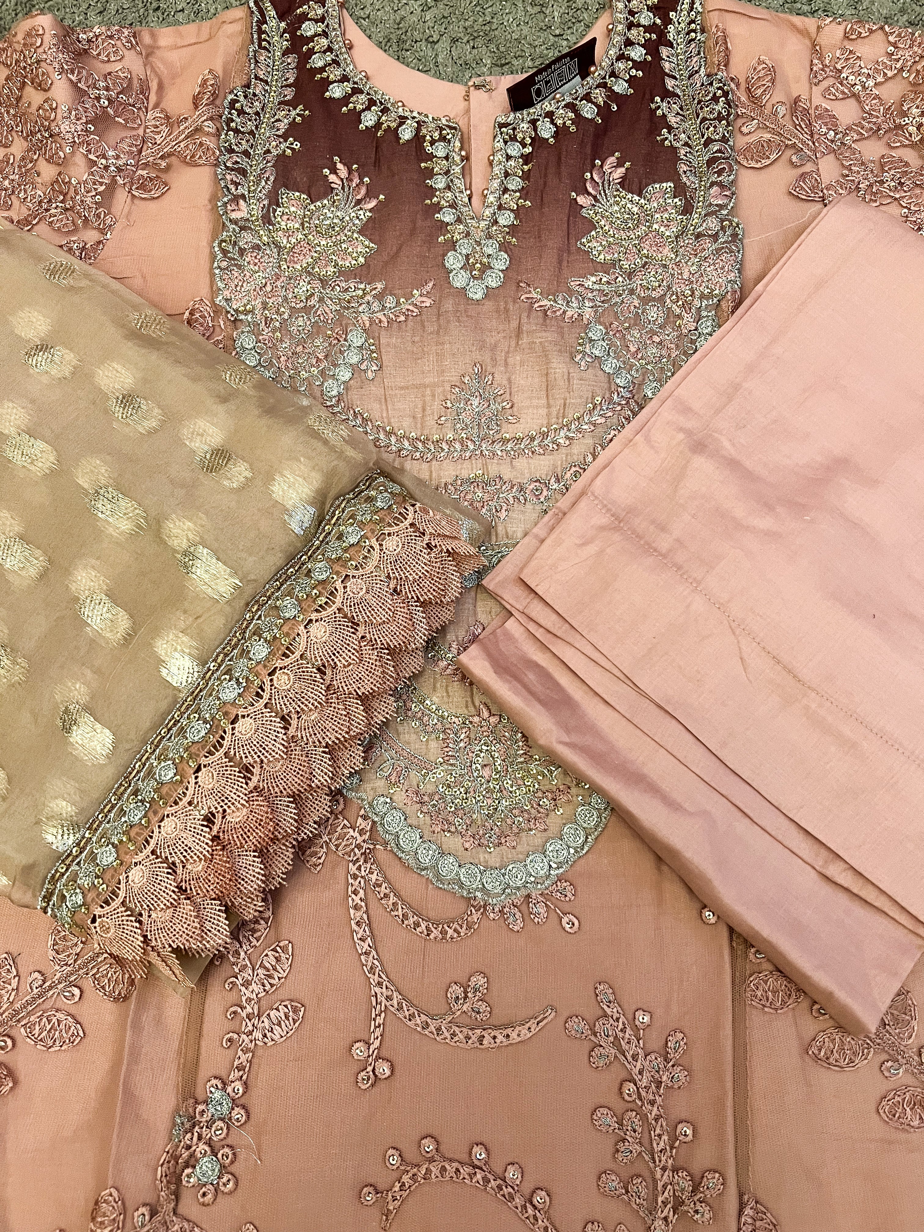 Maria B Inspired Embroidered Dusty Pink 3 Piece Outfit With Net Dupatta - Desi Posh