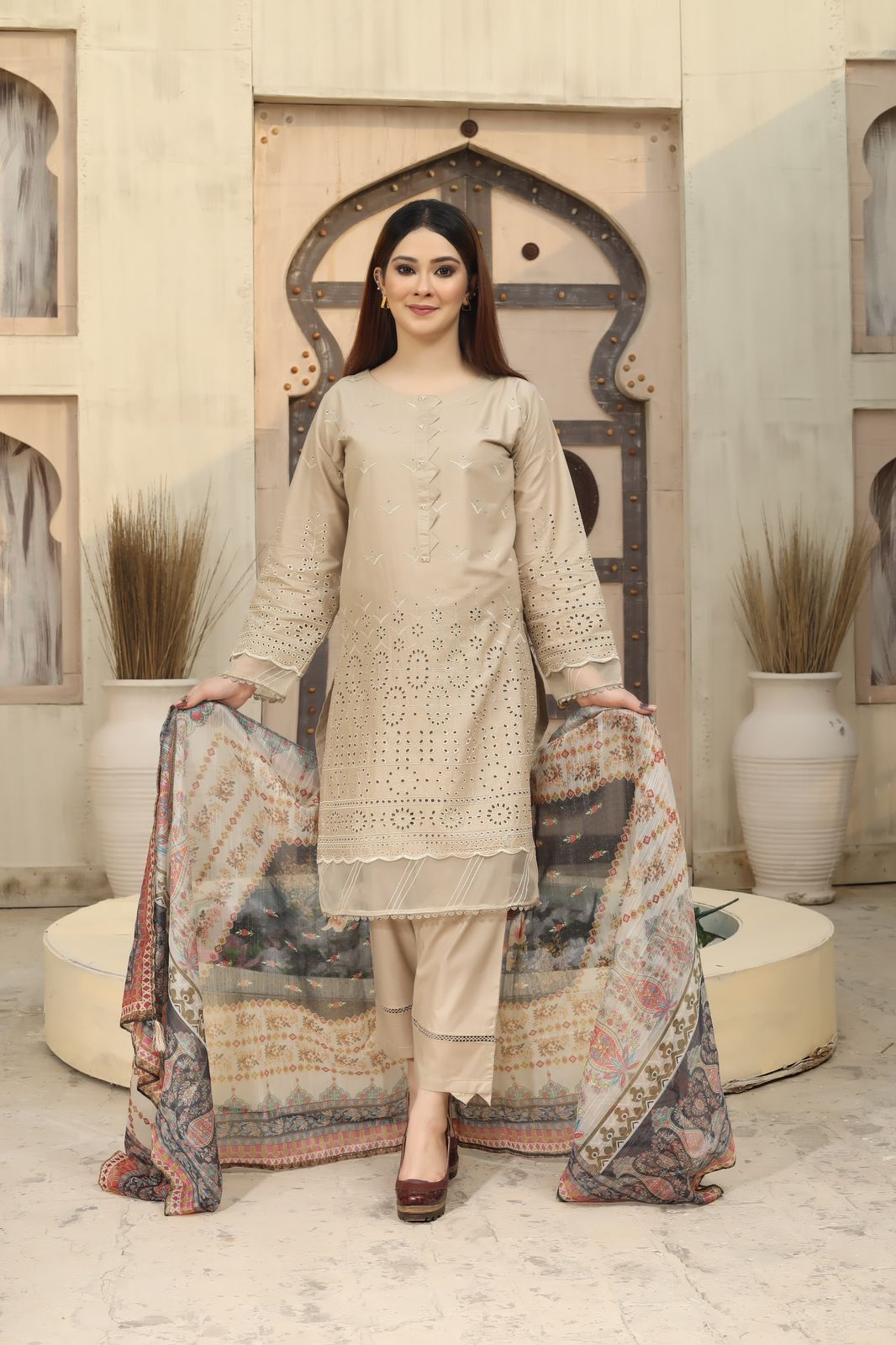 Bin Saeed Light Khaki 3 Piece Chikan Kari Suit with Organza Dupatta - Desi Posh