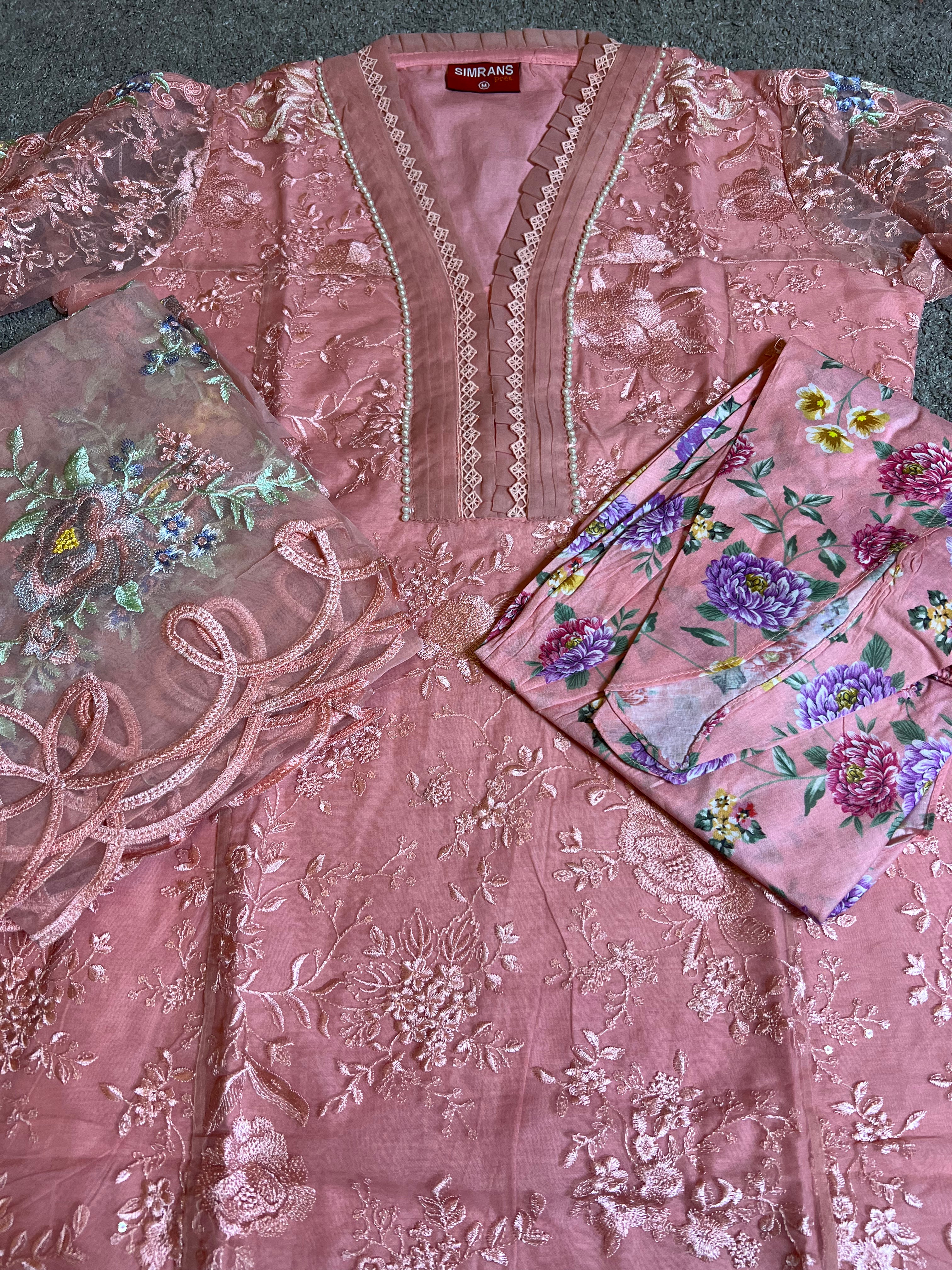 Maria B Inspired Embroidered Pink 3 Piece Outfit With Net Dupatta - Desi Posh