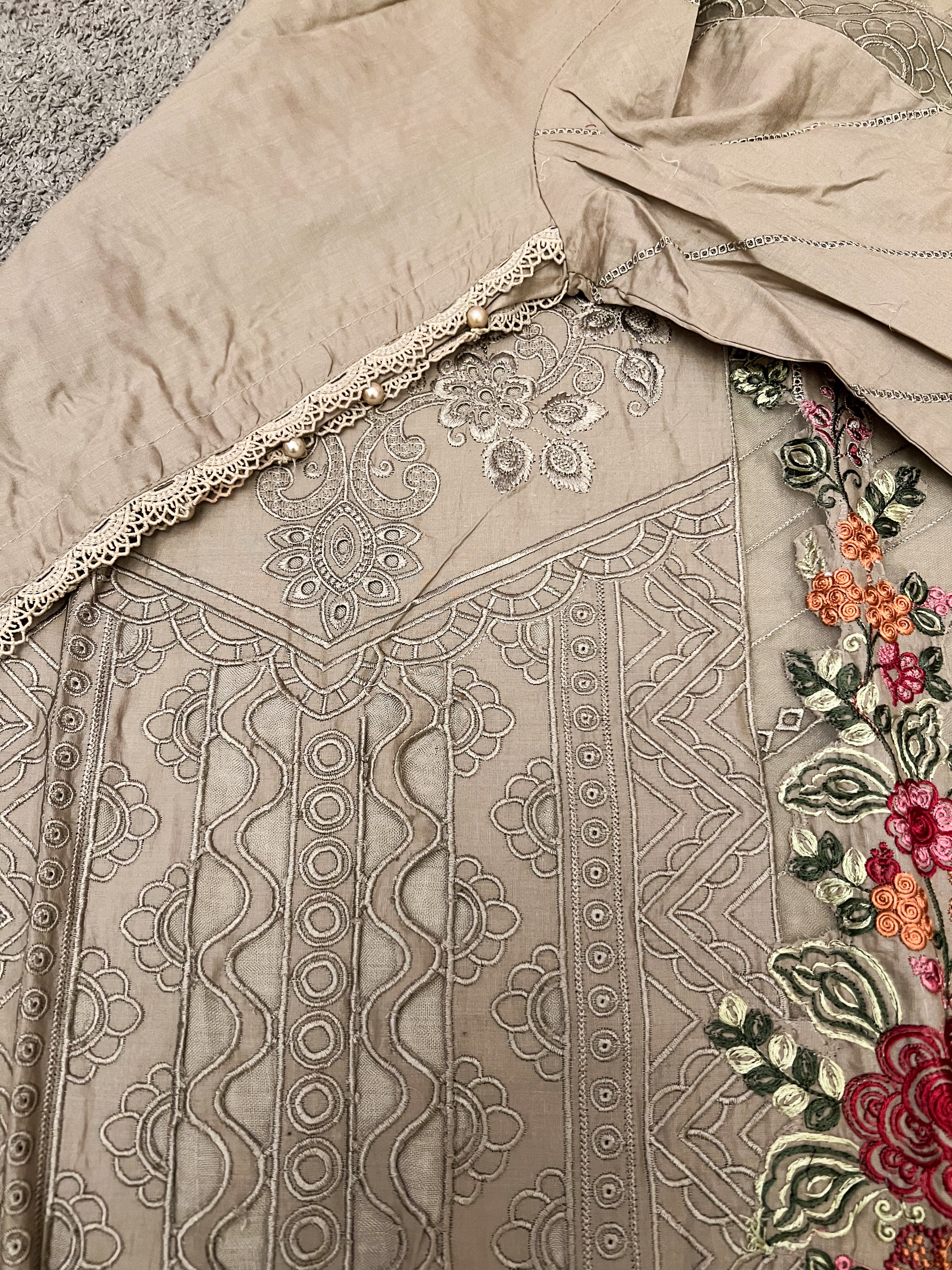 Maria B Inspired Embroidered Light Khaki Lawn Outfit With Full Sleeves - Desi Posh