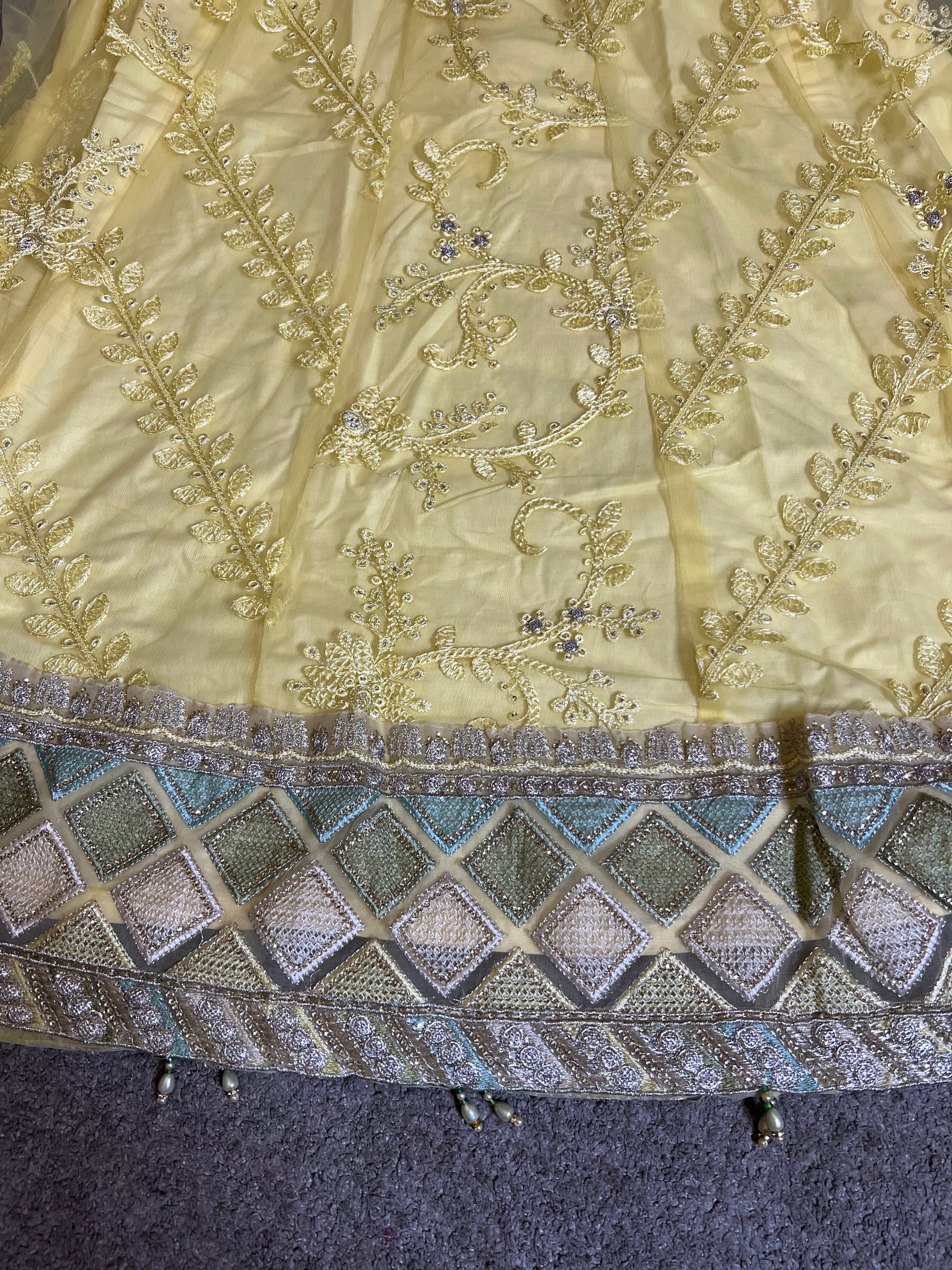 Maria B Inspired Embroidered Yellow 3 Piece Dress With Net Dupatta - Desi Posh