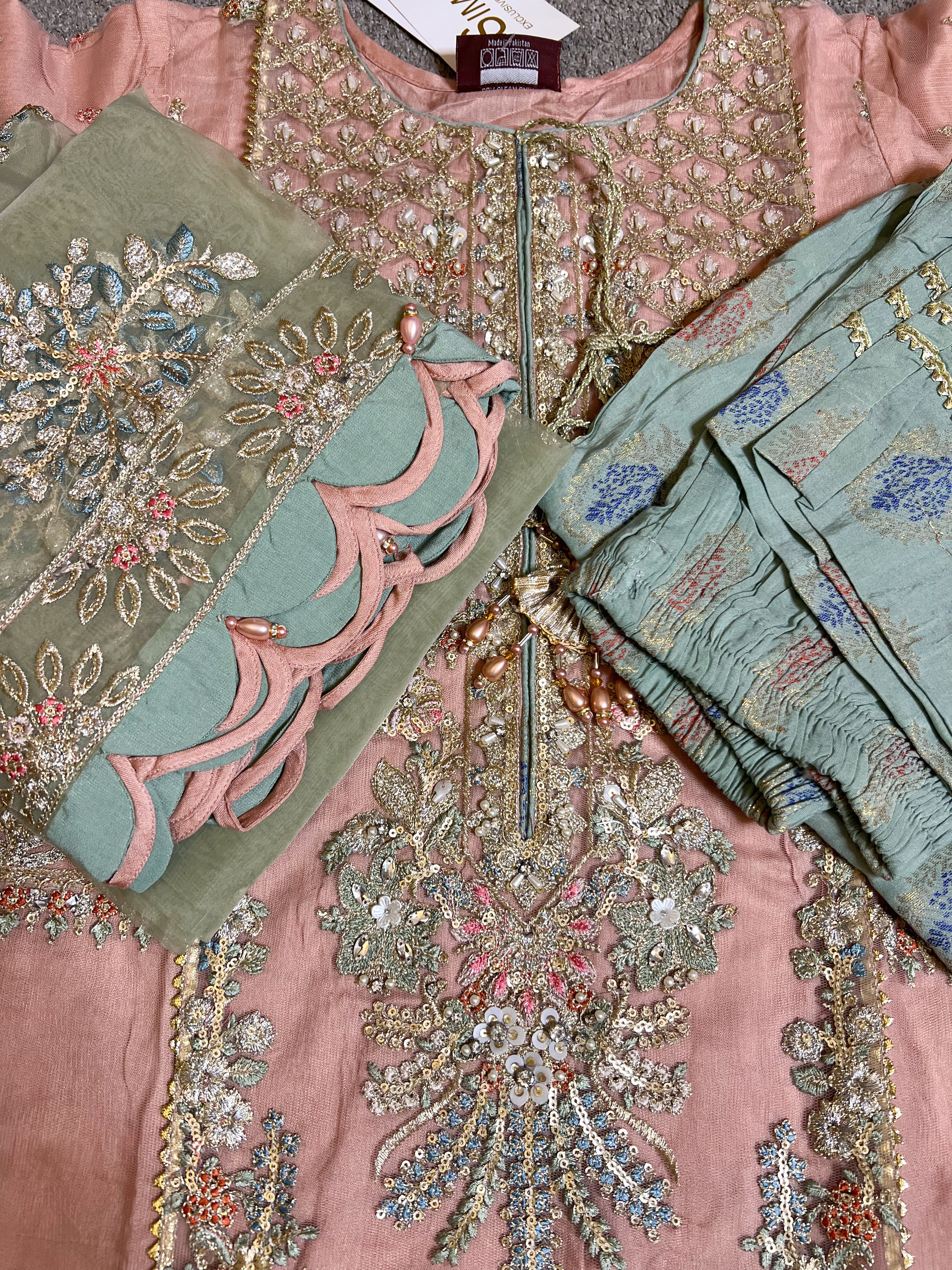 Maria B Inspired Mbroidered Peach 3 Piece Wedding Outfit - Desi Posh