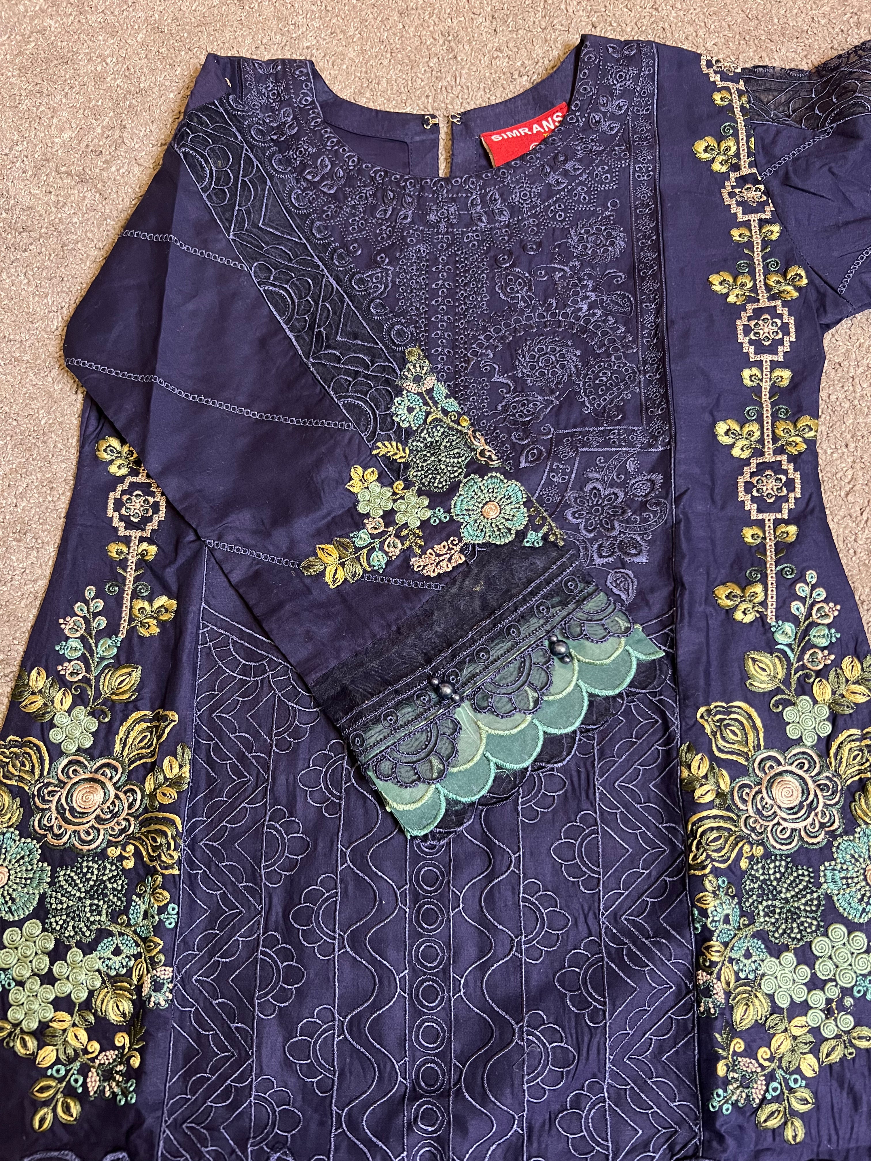 Maria B Inspired Kids Embroidered Navy 3 Piece Outfit With Silk Dupatta - Desi Posh