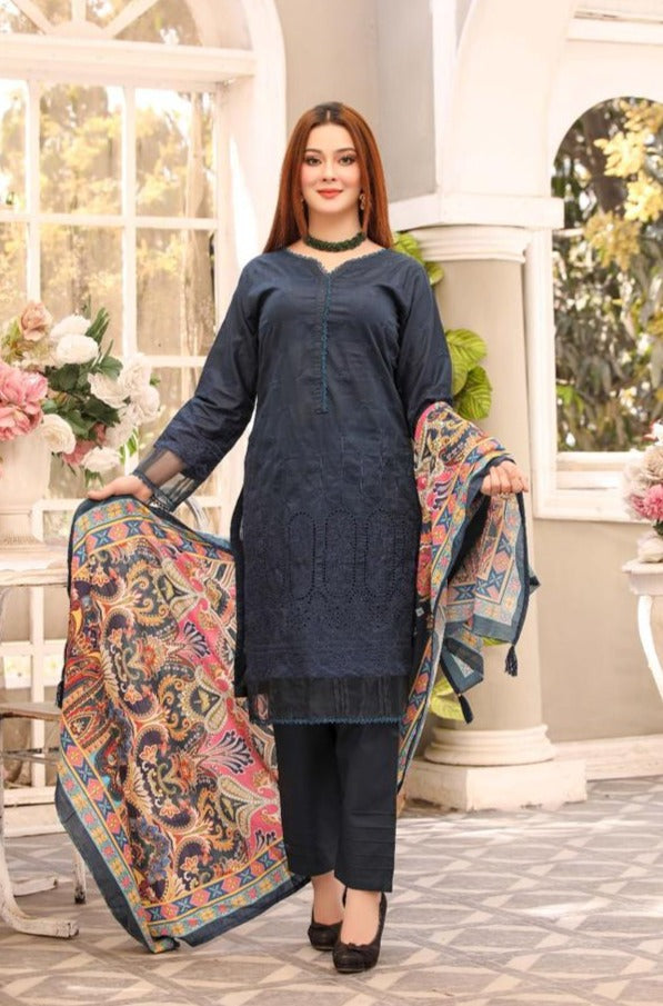 Bin Saeed Navy 3 Piece Chikan Kari Lawn Suit with Organza Dupatta - Desi Posh