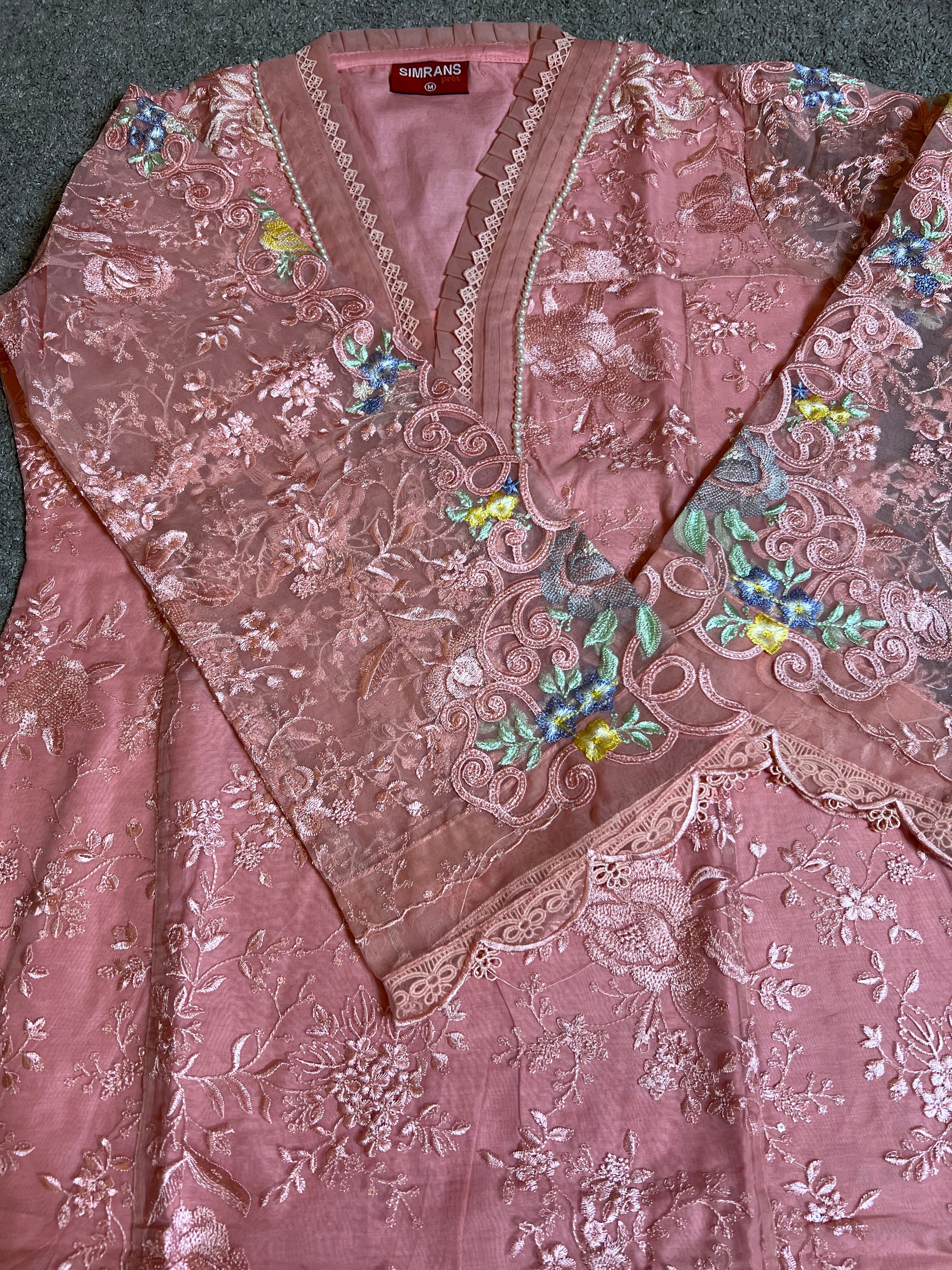 Maria B Inspired Embroidered Pink 3 Piece Outfit With Straight Trousers - Desi Posh