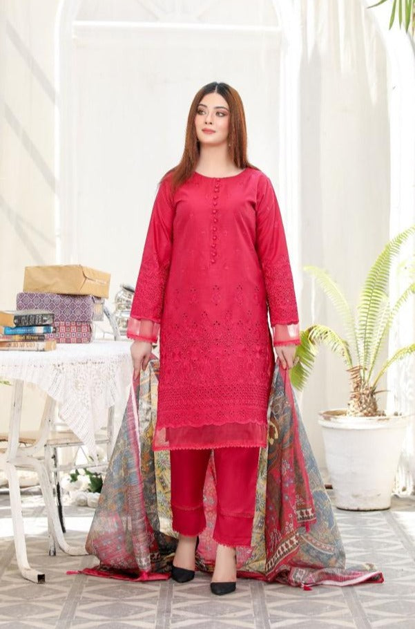 Bin Saeed Red 3 Piece Chikan Kari Suit with Organza Dupatta - Desi Posh