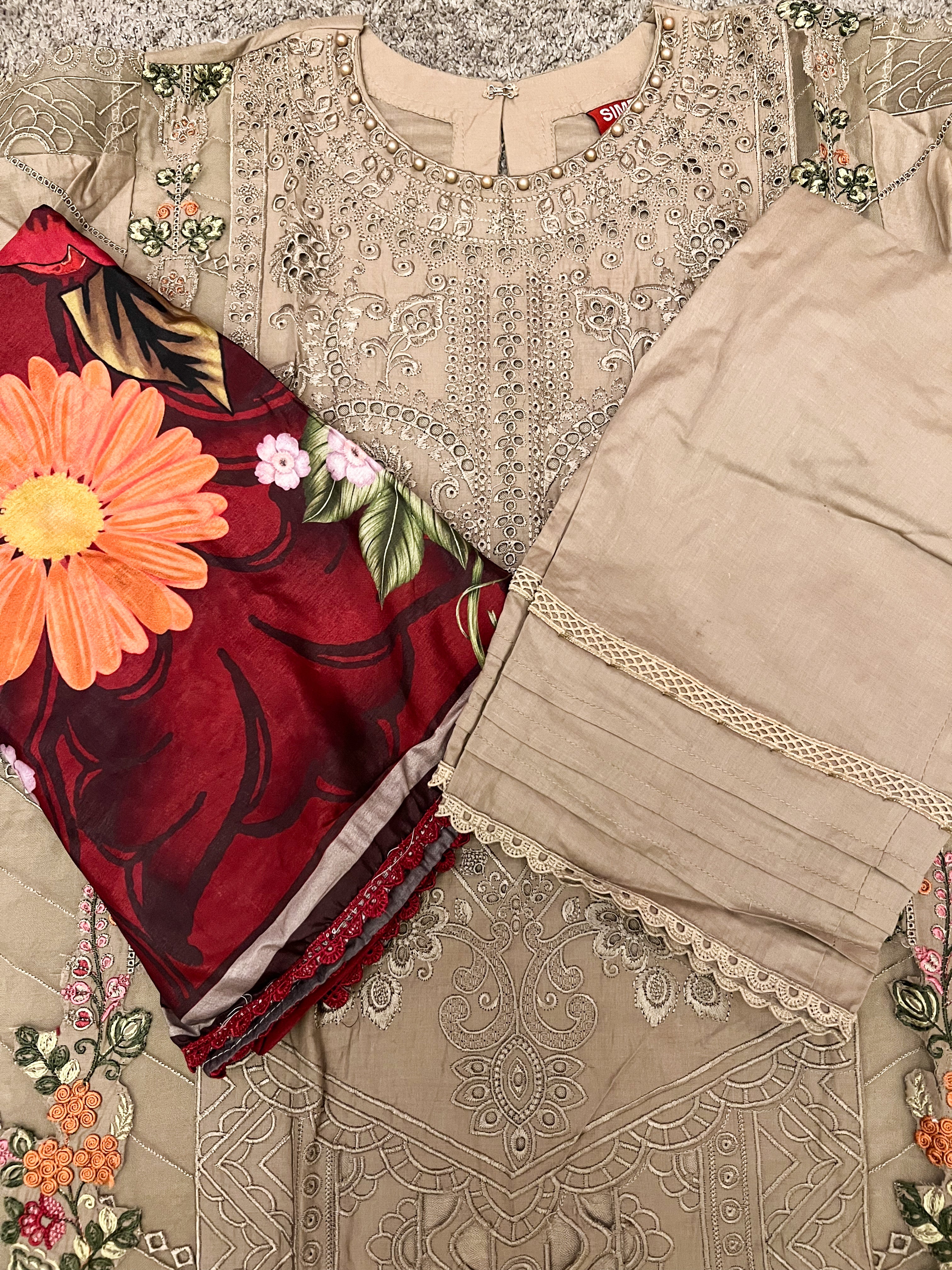 Maria B Inspired Embroidered Light Khaki Lawn Outfit With Full Sleeves - Desi Posh