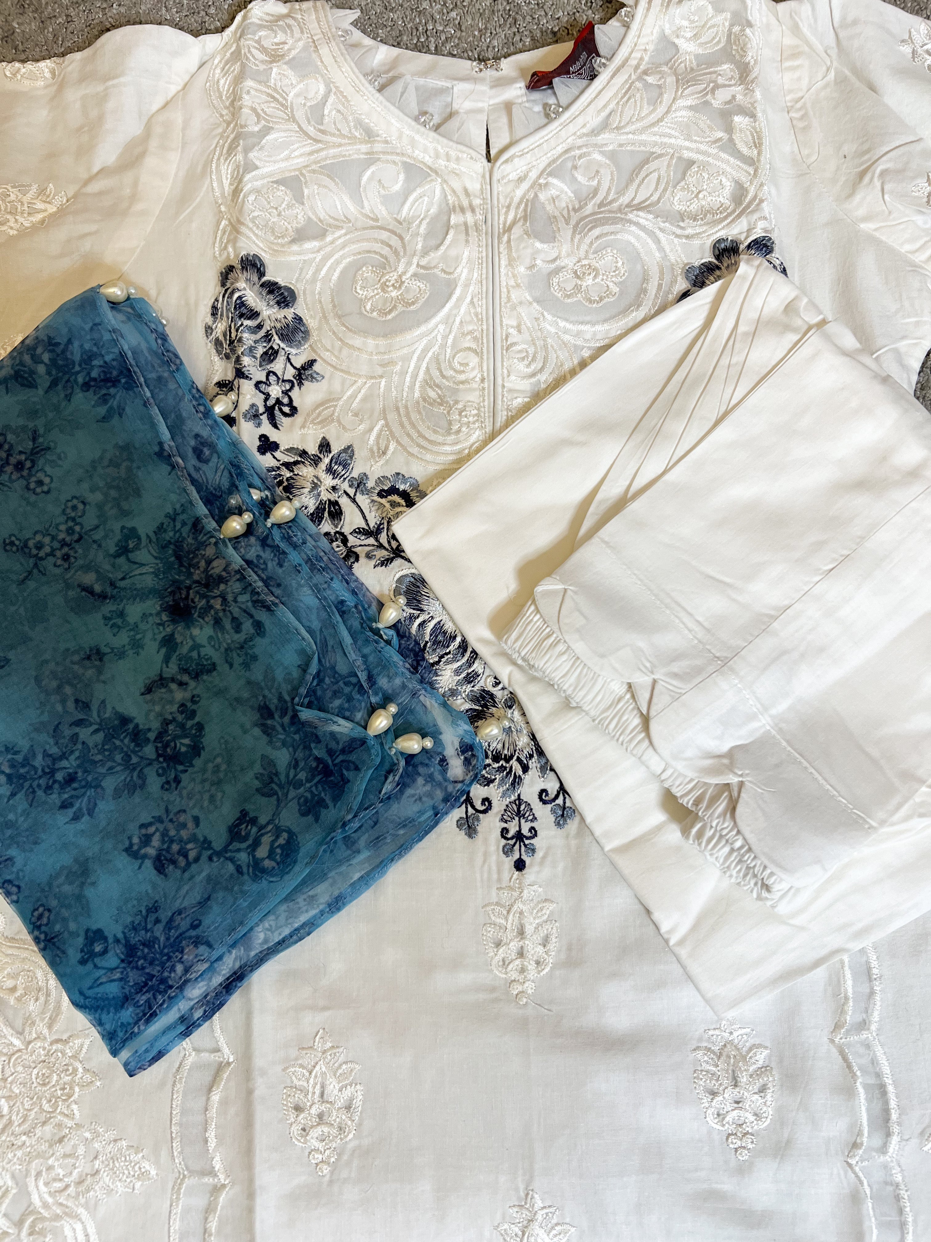 Maria B Inspired Kids Embroidered White 3 Piece Outfit With Net Dupatta - Desi Posh