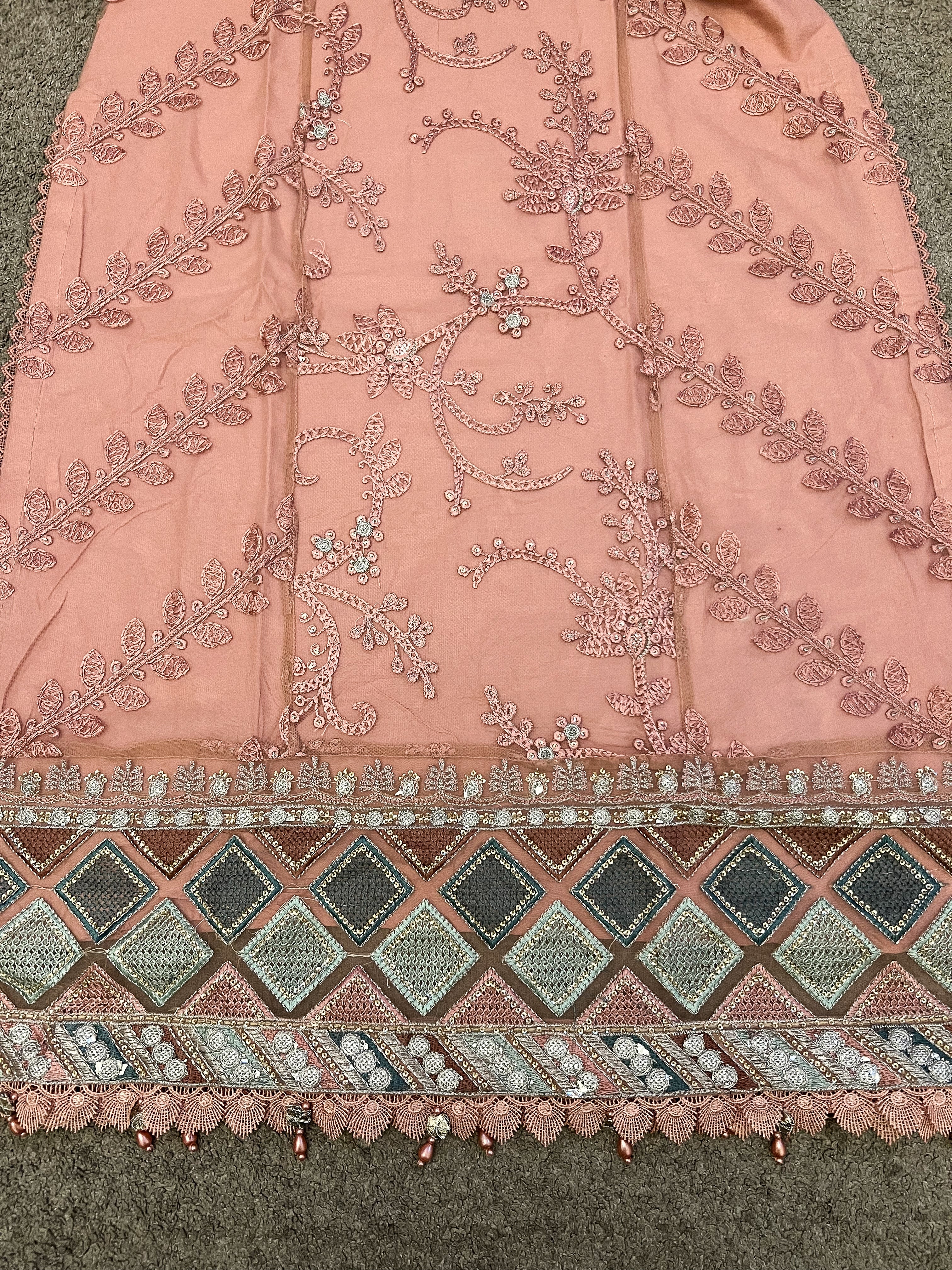 Maria B Inspired Embroidered Dusty Pink 3 Piece Outfit With Net Dupatta - Desi Posh