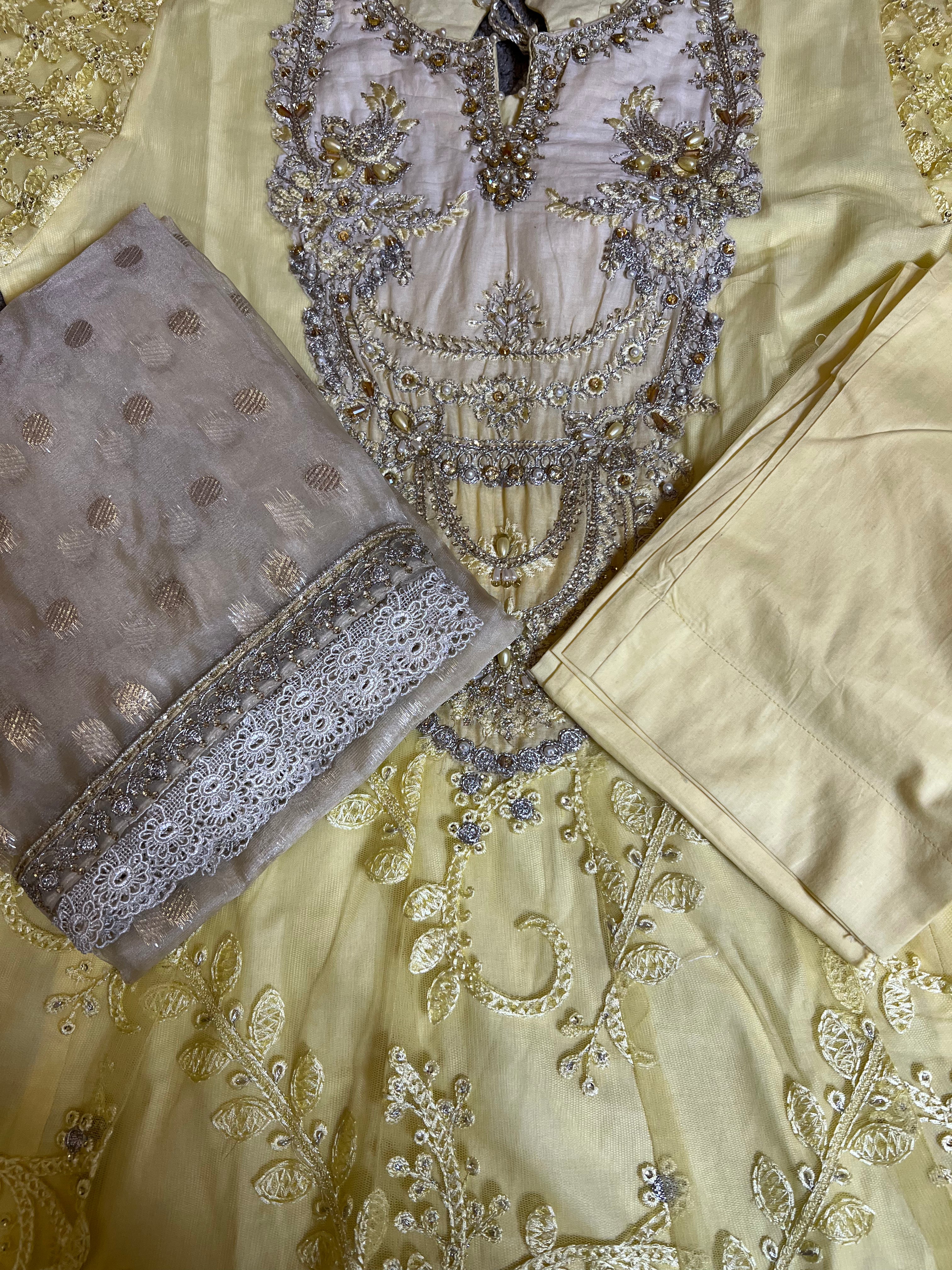 Maria B Inspired Embroidered Yellow 3 Piece Dress With Net Dupatta - Desi Posh