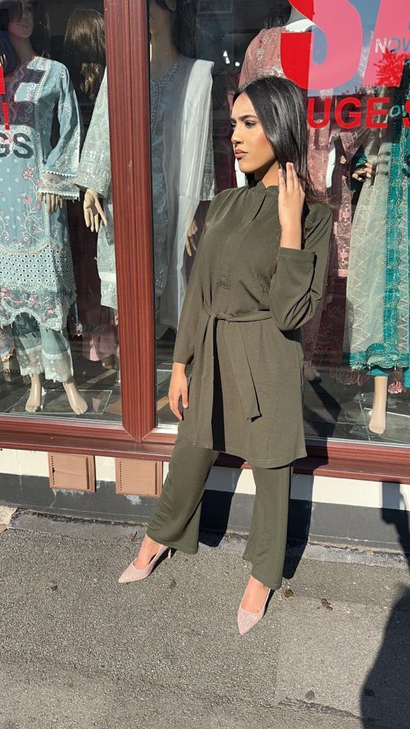 Muskan Ribbed Belted Co ord Set Khaki - Desi Posh