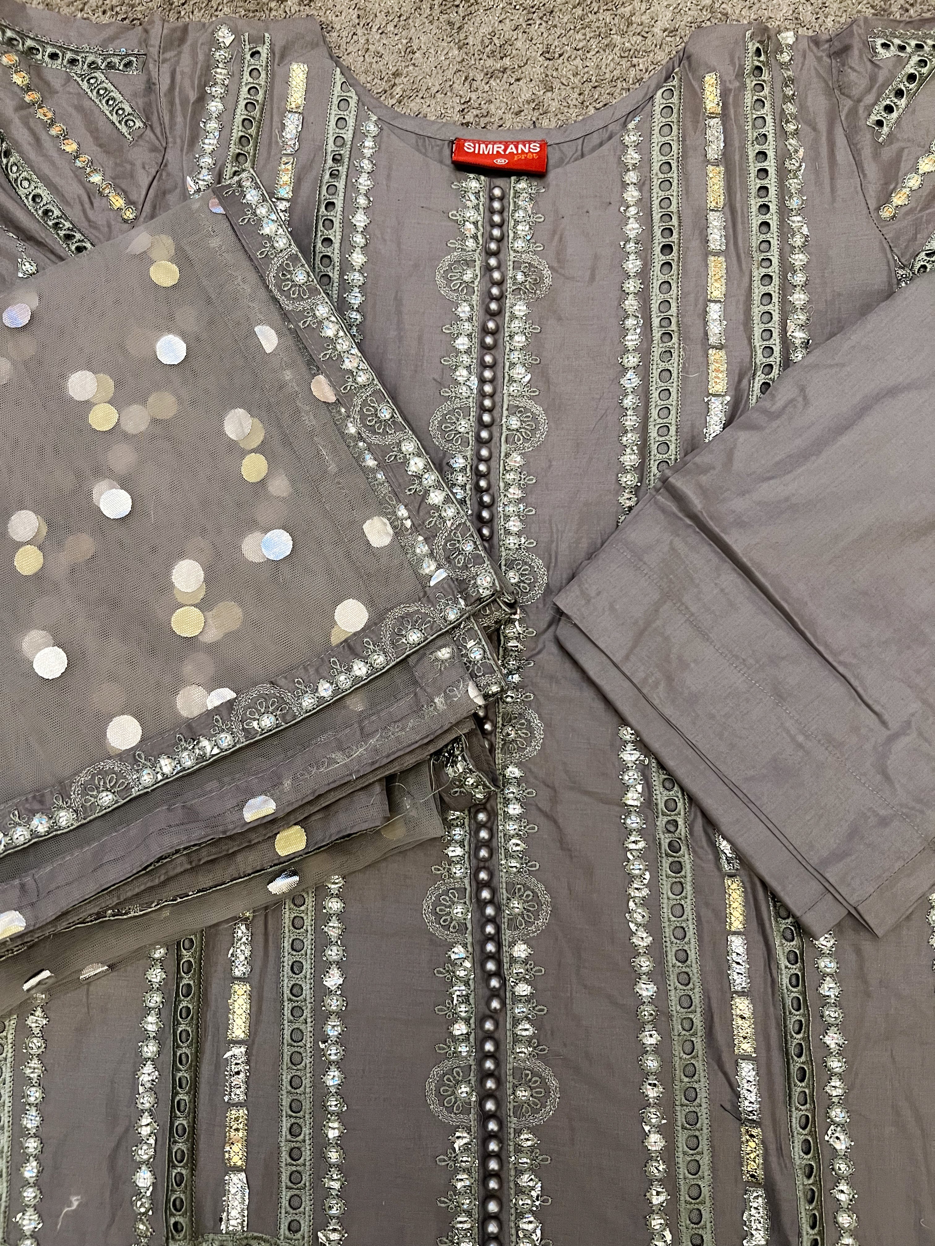 Maria B Inspired Embroidered Grey 3 Piece Lawn Outfit With Net Dupatta - Desi Posh