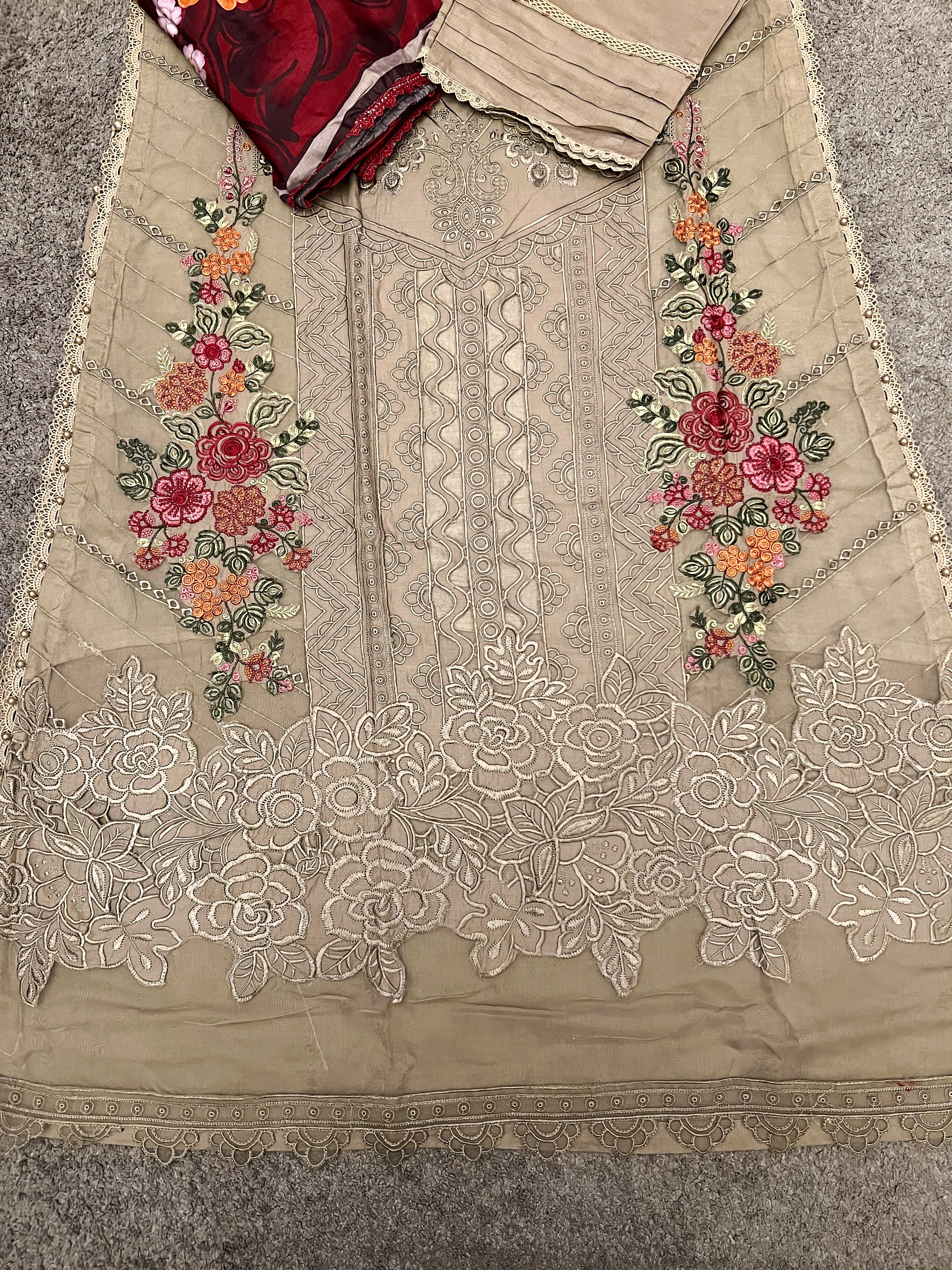 Maria B Inspired Embroidered Light Khaki Lawn Outfit With Full Sleeves - Desi Posh